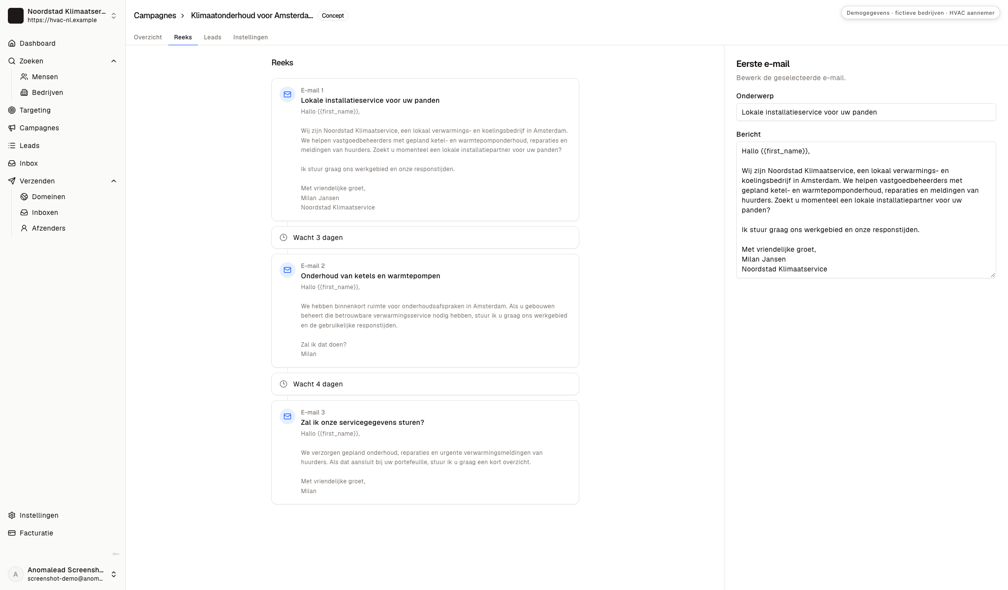 Reeks van drie e-mails voor een installatiebedrijf met twee wachtstappen, waarbij het eerste bericht geopend is in de editor.