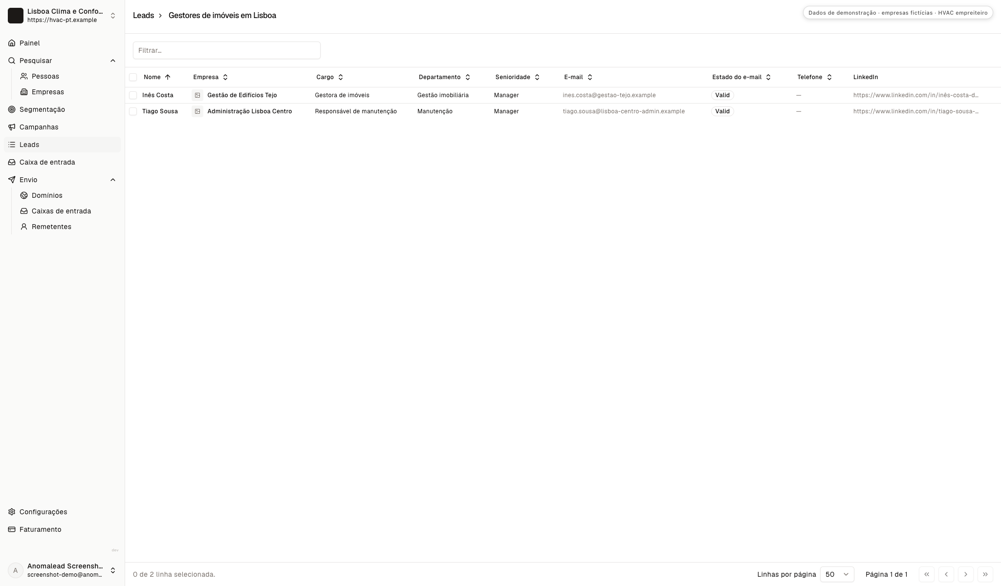 Lista de leads com dois prospects fictícios de AVAC, uma gestora de imóveis e um responsável de manutenção, ambos com email válido.