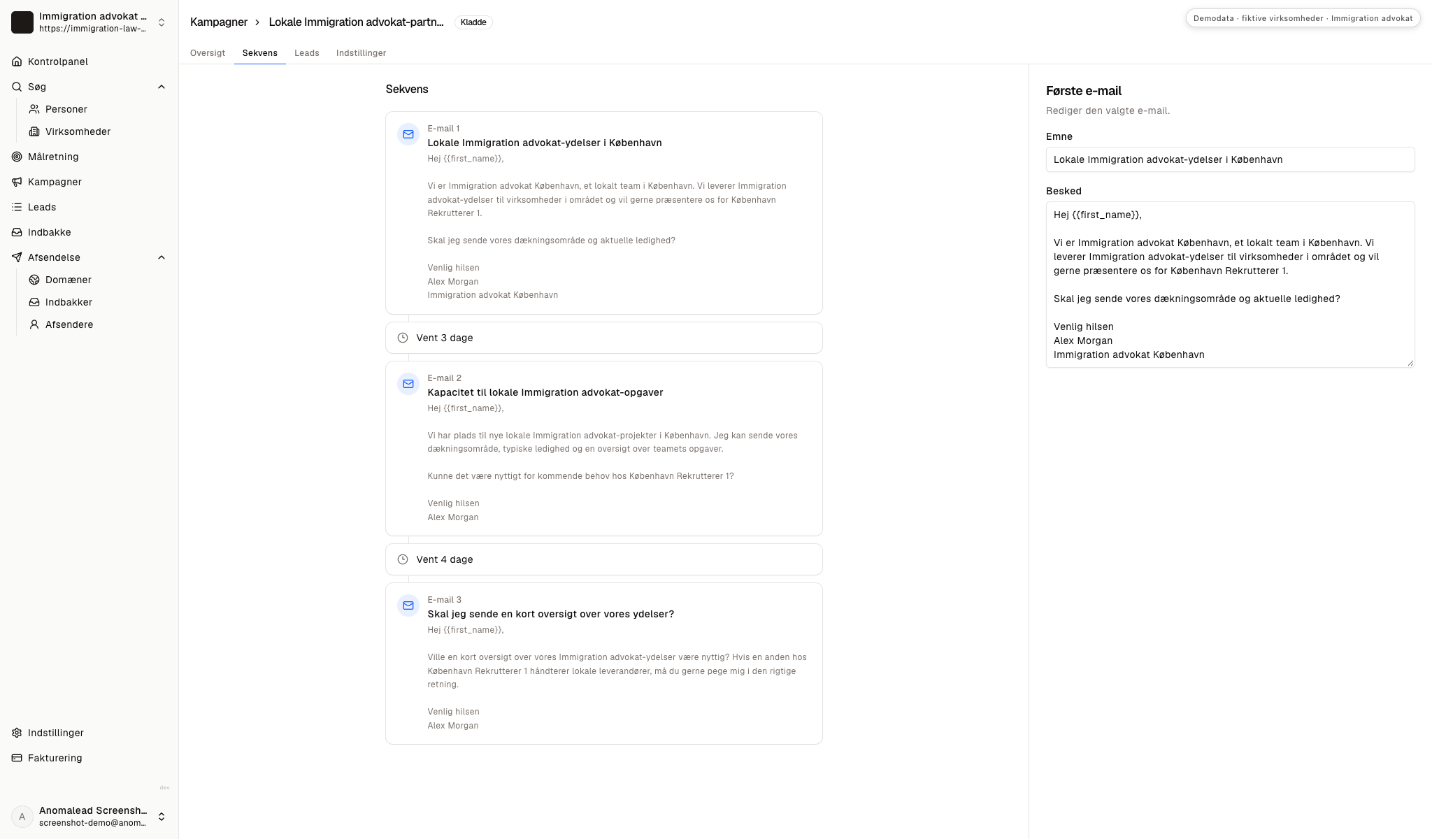 Udkast til en sekvens med tre e-mails om immigrationsrådgivning, to ventetrin og den første besked synlig i editoren.