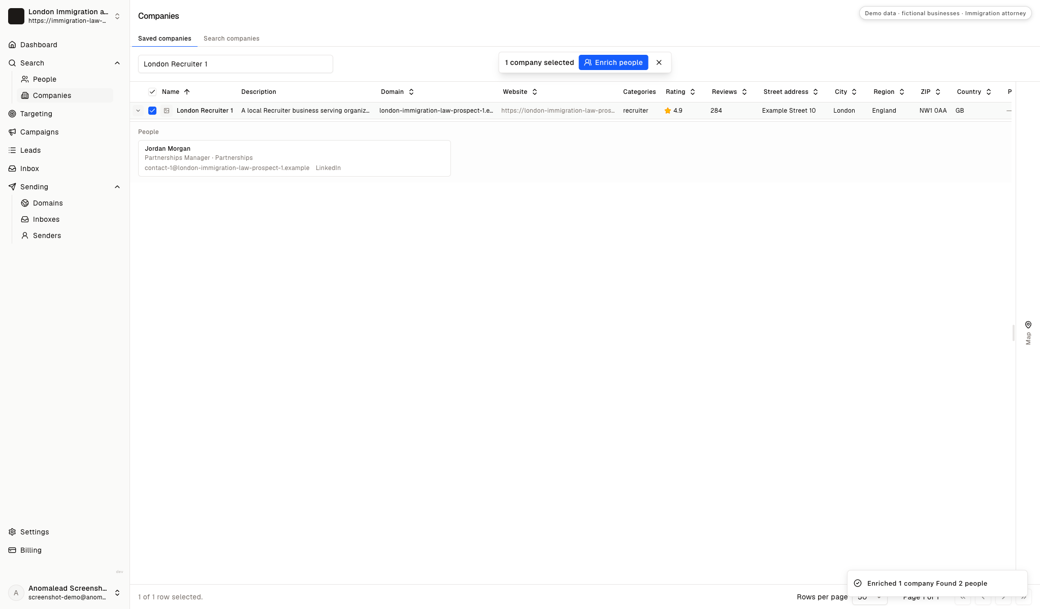 Enriched contact rows for fictional recruiter firms, showing Jordan Morgan and Taylor Reed as partnerships managers with work contact details.