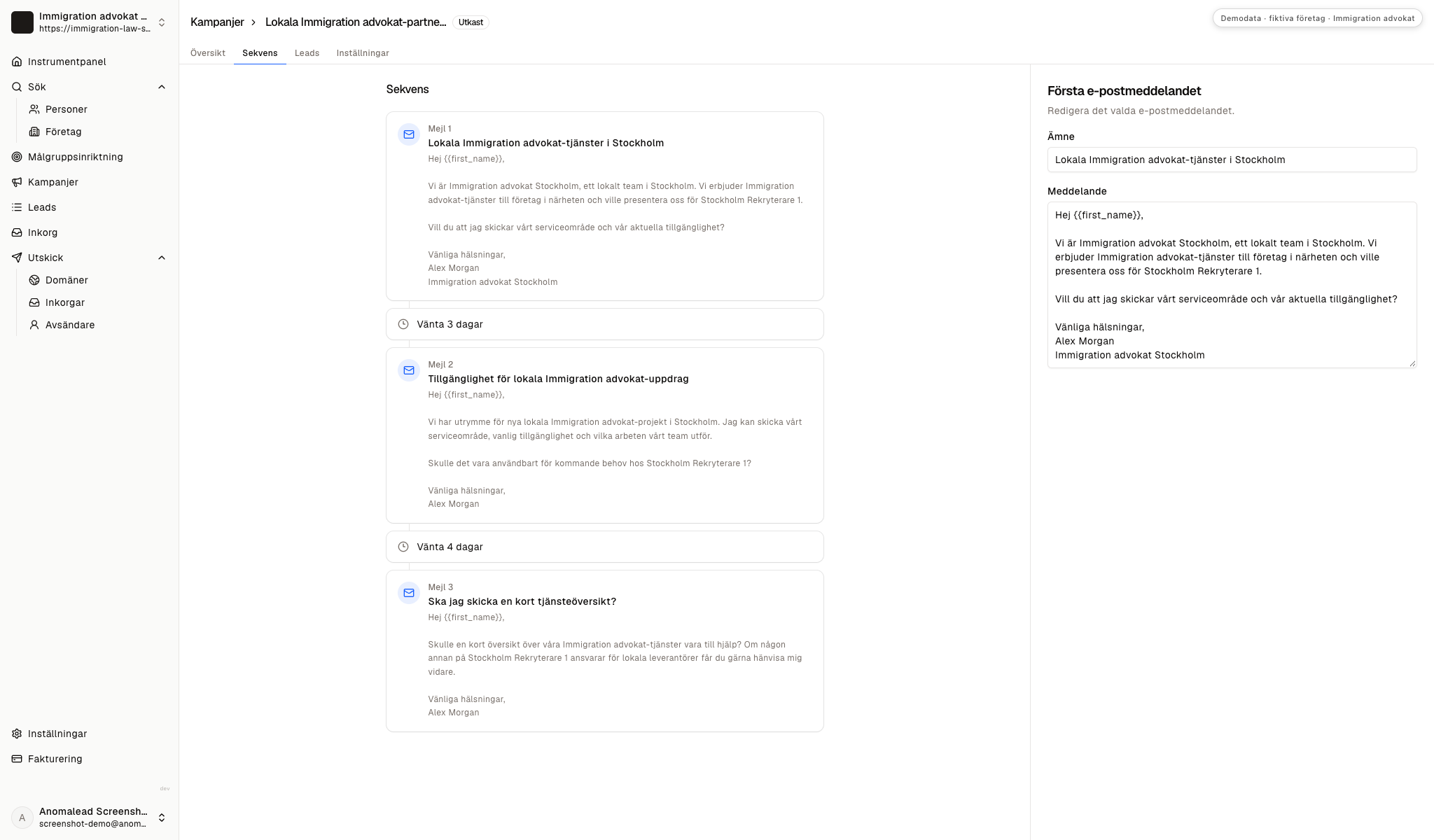 Utkast med tre rekryterarmejl och två väntetider, där det första meddelandet visas för granskning.
