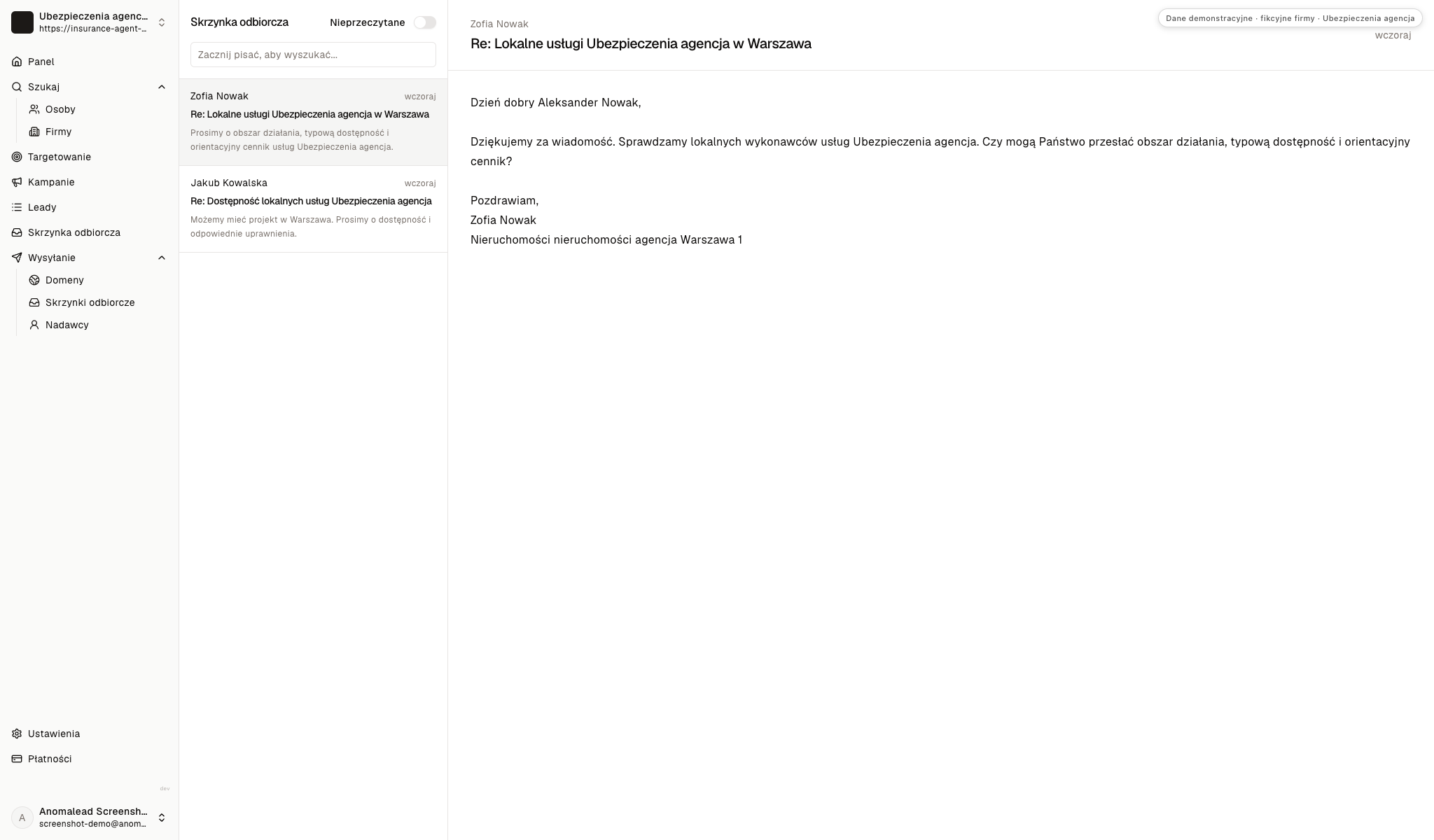 Fikcyjna skrzynka pokazuje pytania Zofii Nowak i Jakuba Kowalskiej o obszar, dostępność, cenę oraz kwalifikacje agencji.