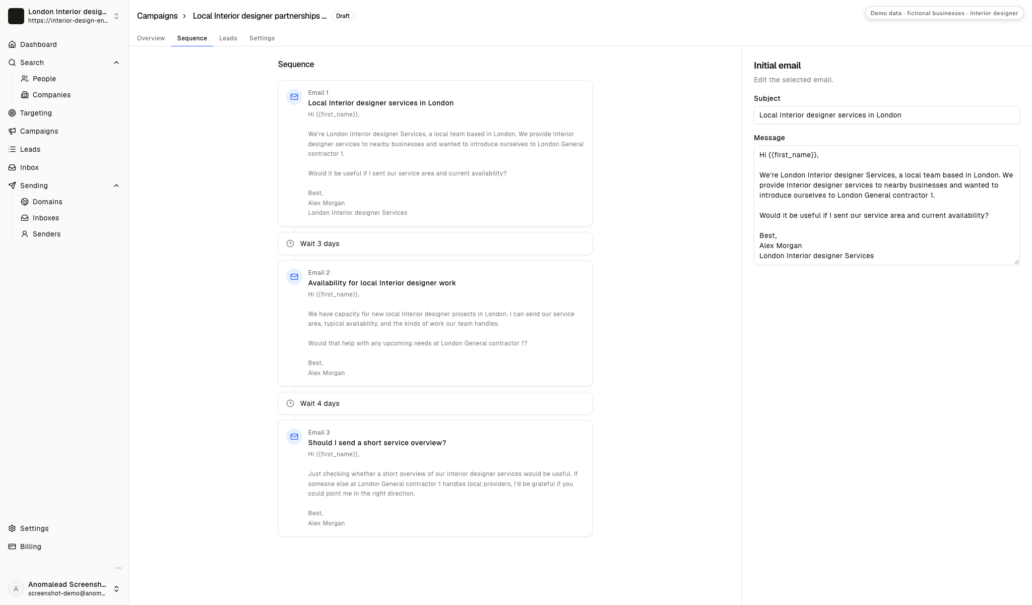The campaign editor shows three prepared emails and the waiting steps between messages in a contractor outreach sequence.