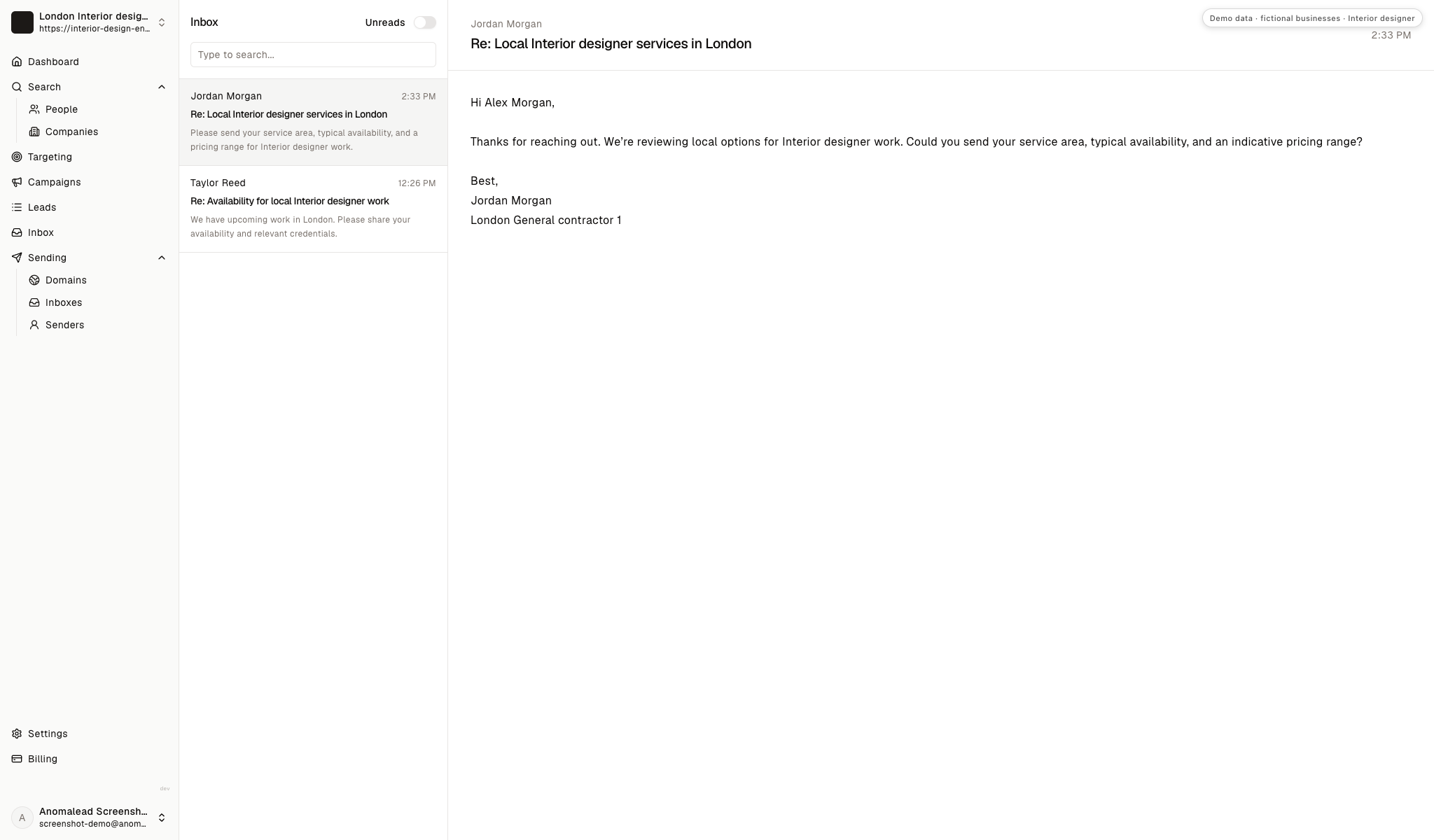 The demo inbox displays two fictional contractor replies asking about the interior studio's coverage, schedule, services and qualifications.