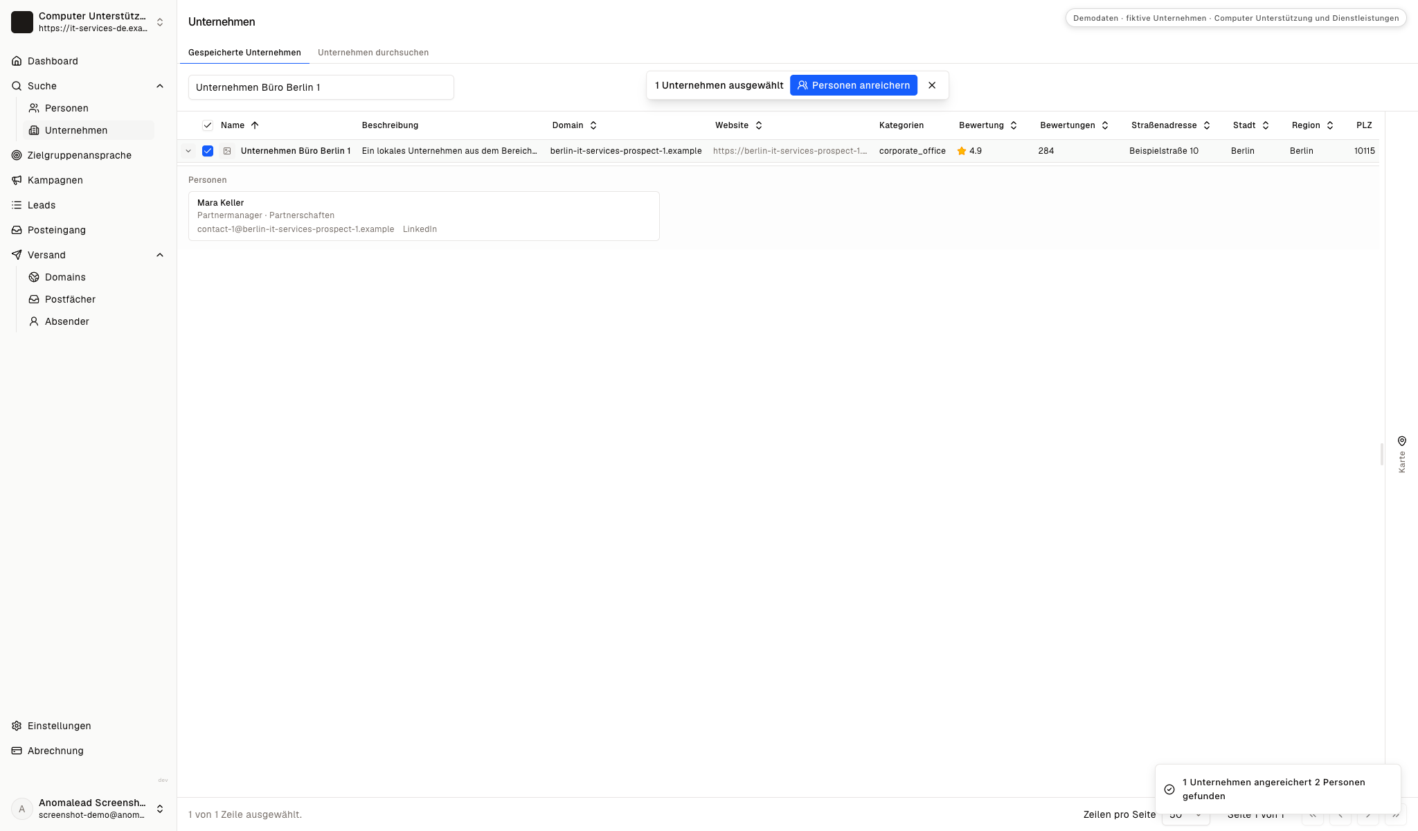 Mara Keller und Jonas Fischer stehen als erfundene Kontakte mit Partnerschaftsfunktionen in der Ansicht.