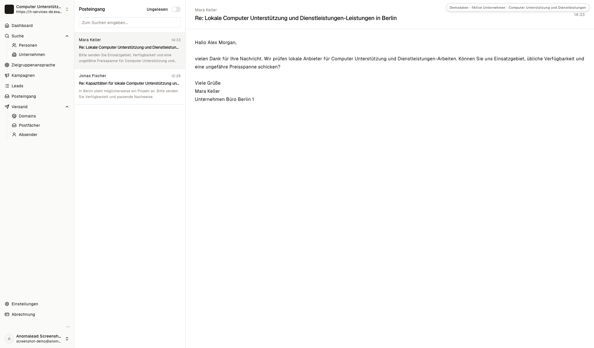 Eine erfundene Antwort fragt nach Gebiet, Verfügbarkeit und einer ersten Preiseinordnung.