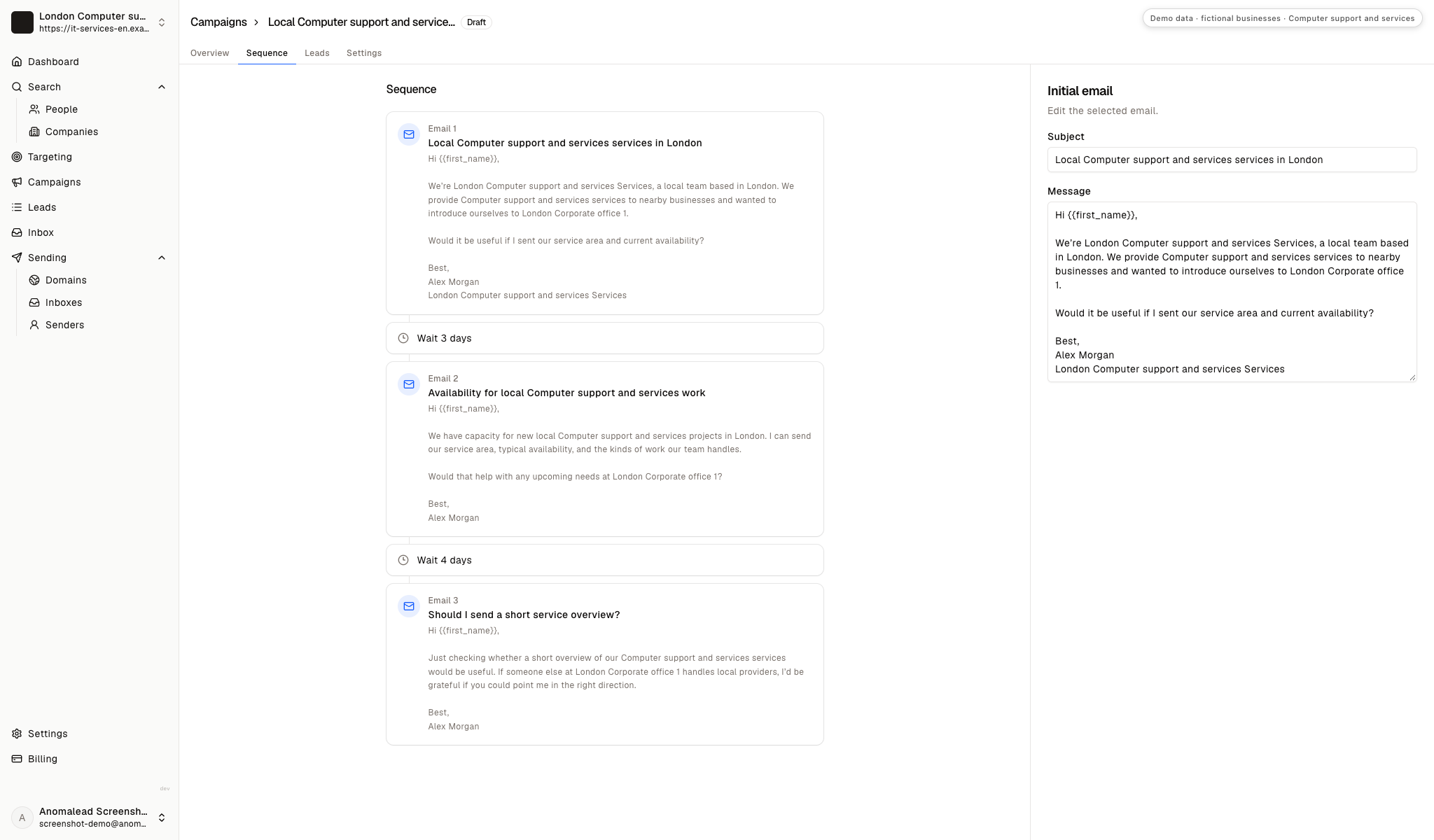 The sequence editor shows three draft emails with waiting steps between follow-ups.