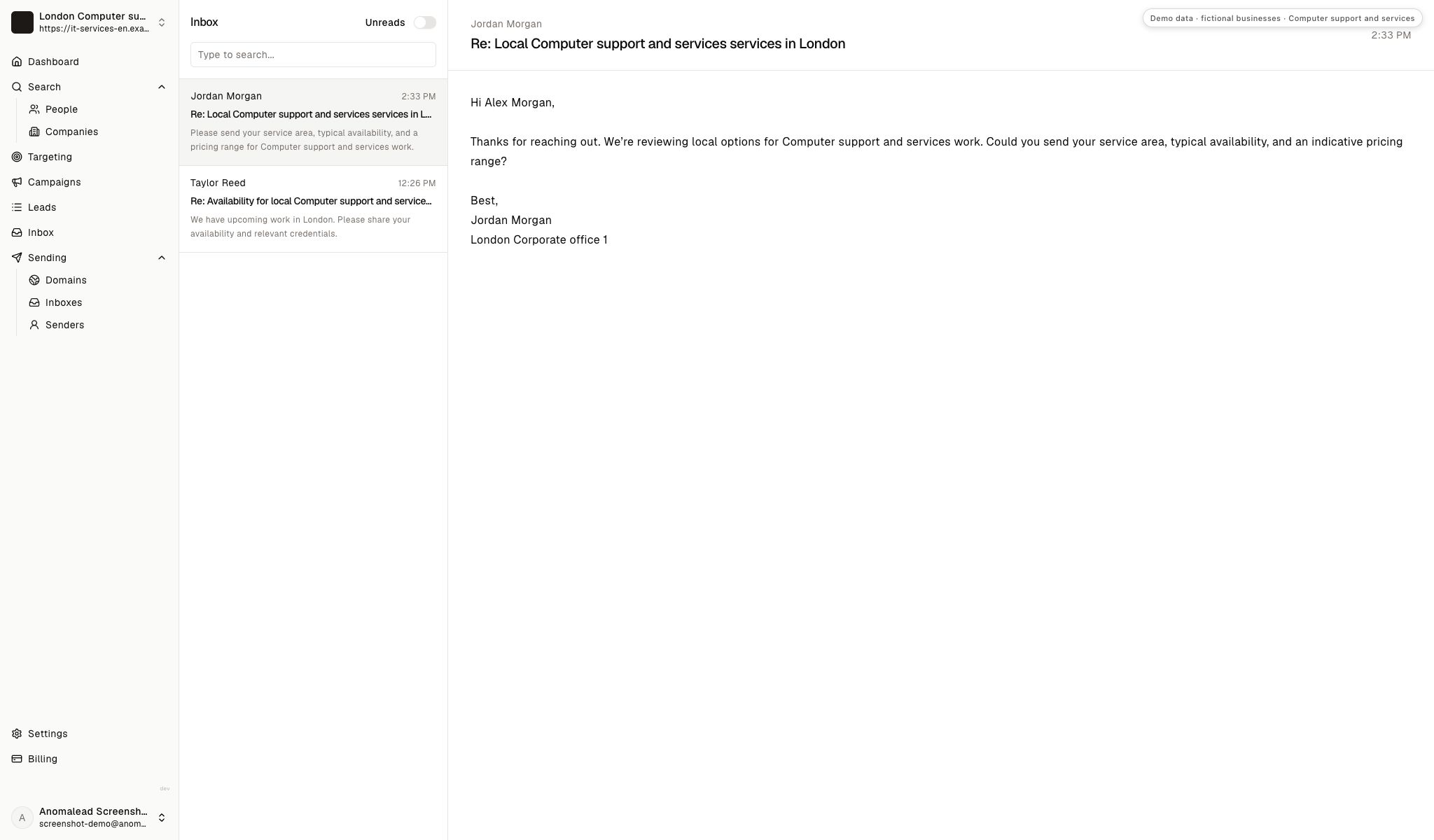 A fictional inbox reply asks for service area, typical availability and an indicative price range.