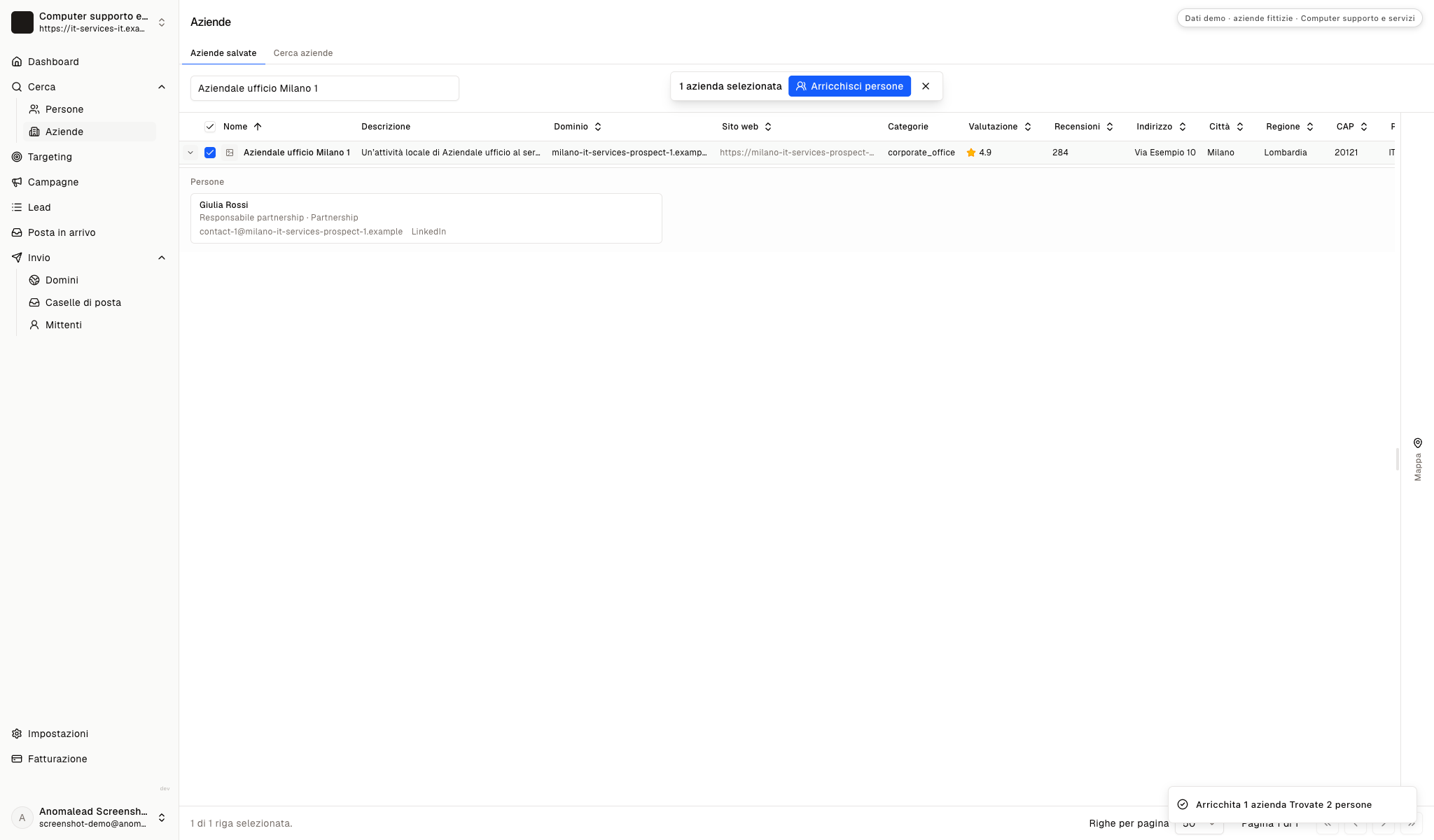 Giulia Rossi e Luca Bianchi appaiono come contatti fittizi con ruoli partnership.