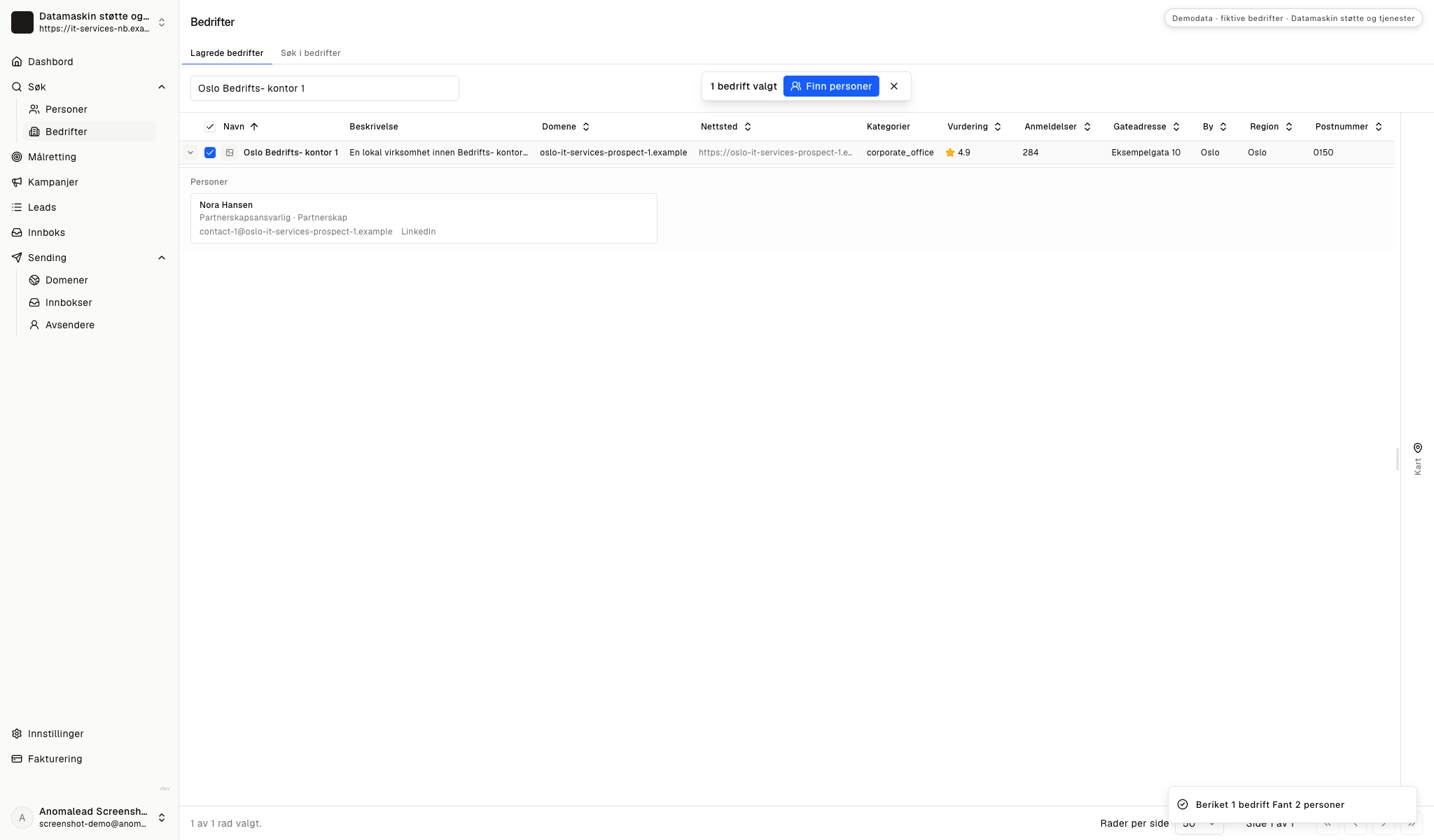 Nora Hansen og Henrik Berg vises som fiktive kontakter med partnerskapsroller.