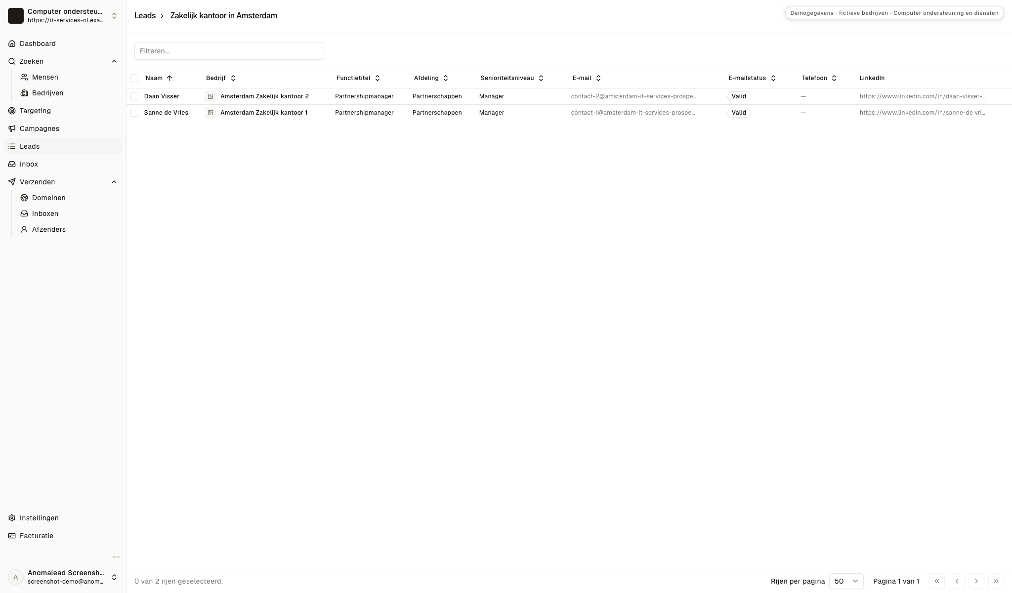 Een samengestelde lijst toont fictieve zakelijke contactpersonen met hun kantoorvermelding en e-mailstatus.