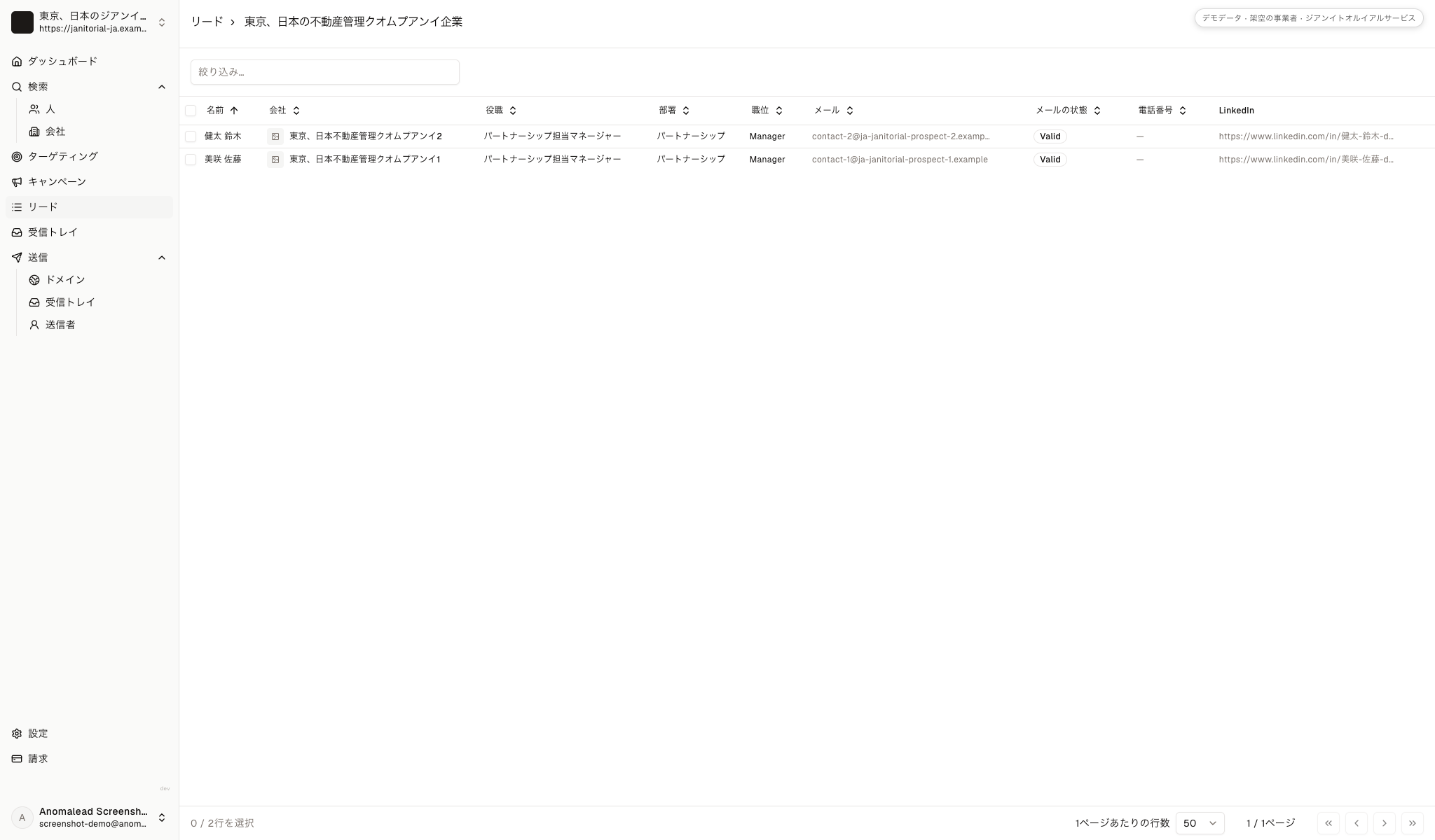 美咲 佐藤 と 健太 鈴木 の二人を含み、メール状態が表示された見込み客リスト。