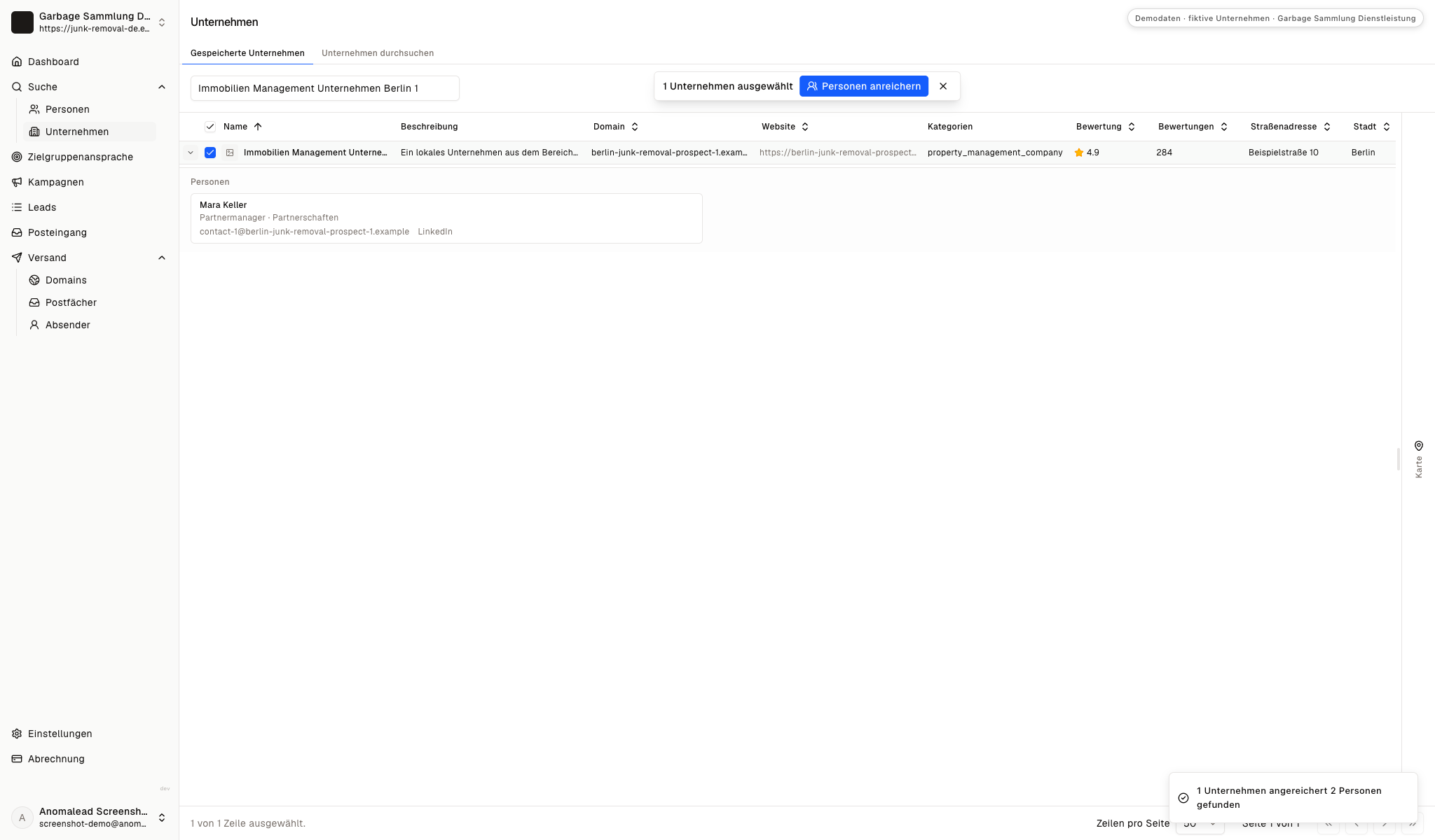 Angereicherte Kontaktzeilen für die fiktiven Partnermanager Mara Keller und Jonas Fischer mit Feldern für geschäftliche E-Mail und LinkedIn.