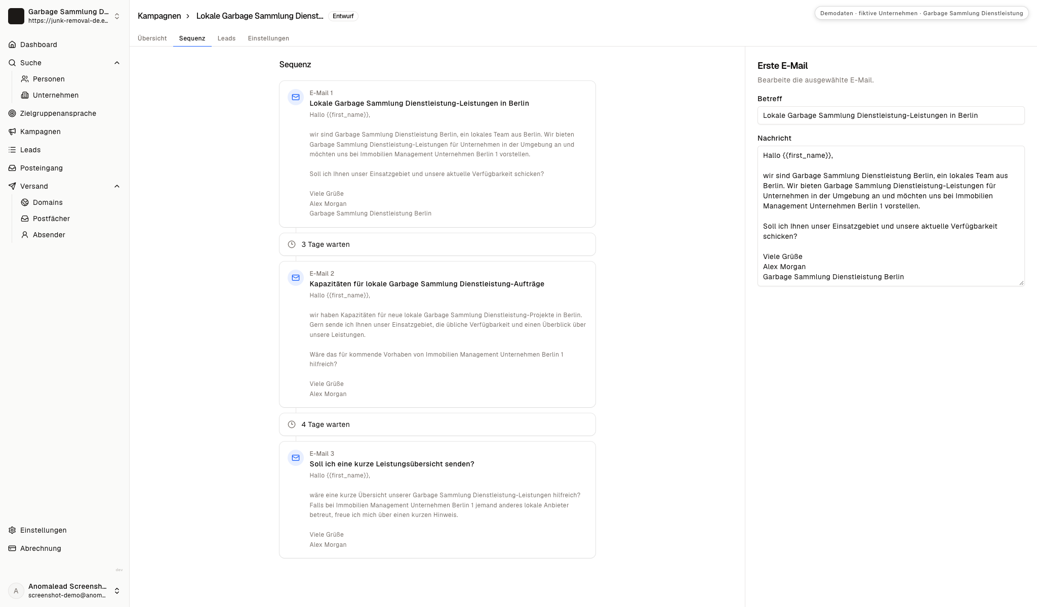 Sequenzeditor mit drei allgemeinen E-Mails und zwei Wartezeiten, einer von drei Tagen und einer von vier Tagen.