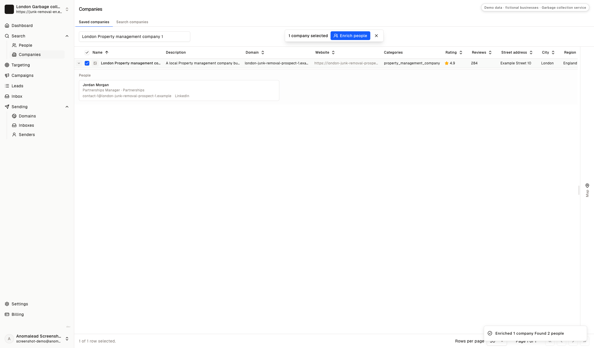Enriched contact rows for fictional Jordan Morgan and Taylor Reed, both Partnerships Managers, with work email and LinkedIn fields.
