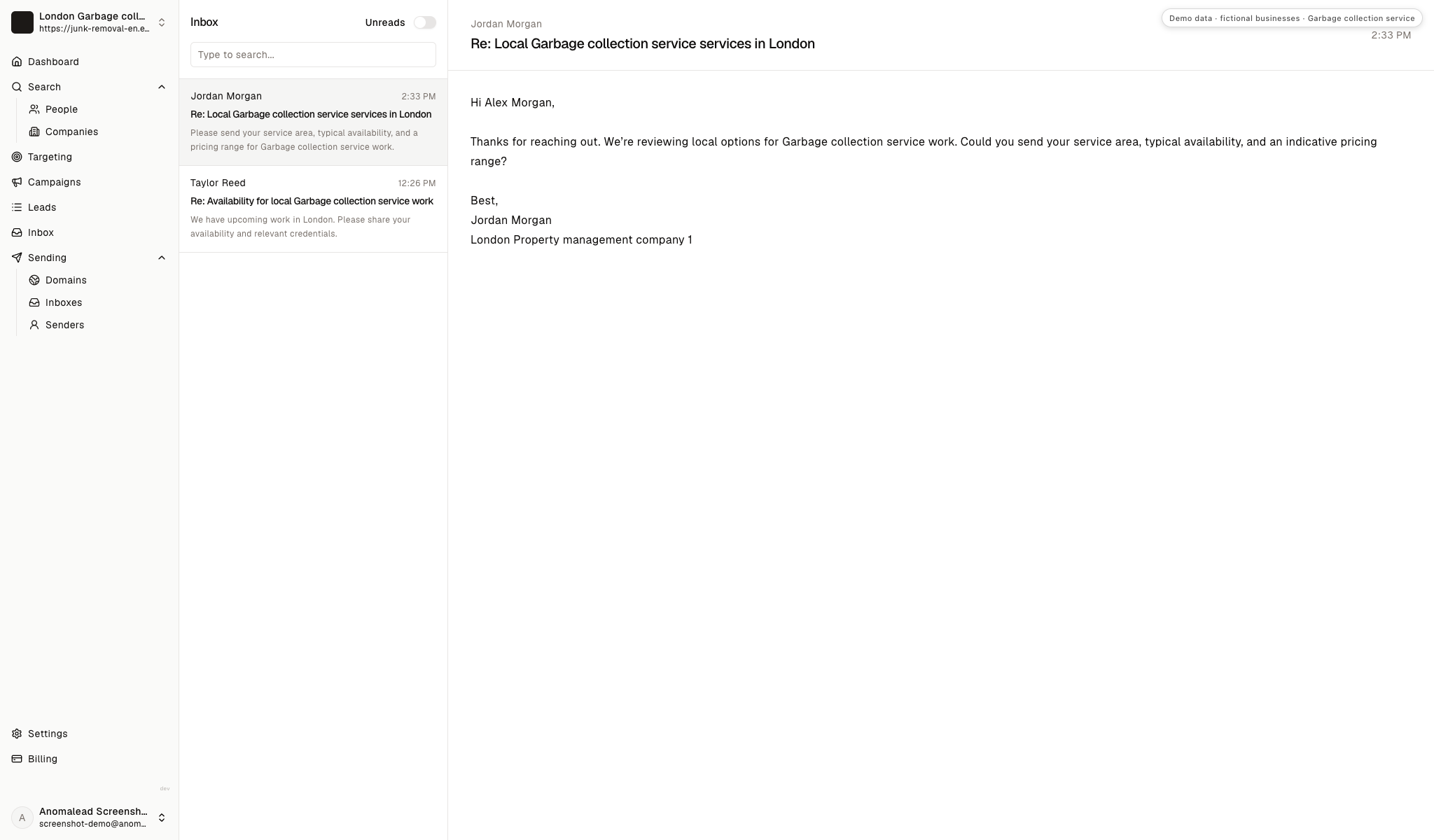 Inbox with fictional replies from Jordan Morgan and Taylor Reed asking about service area, availability, pricing, work scope and credentials.
