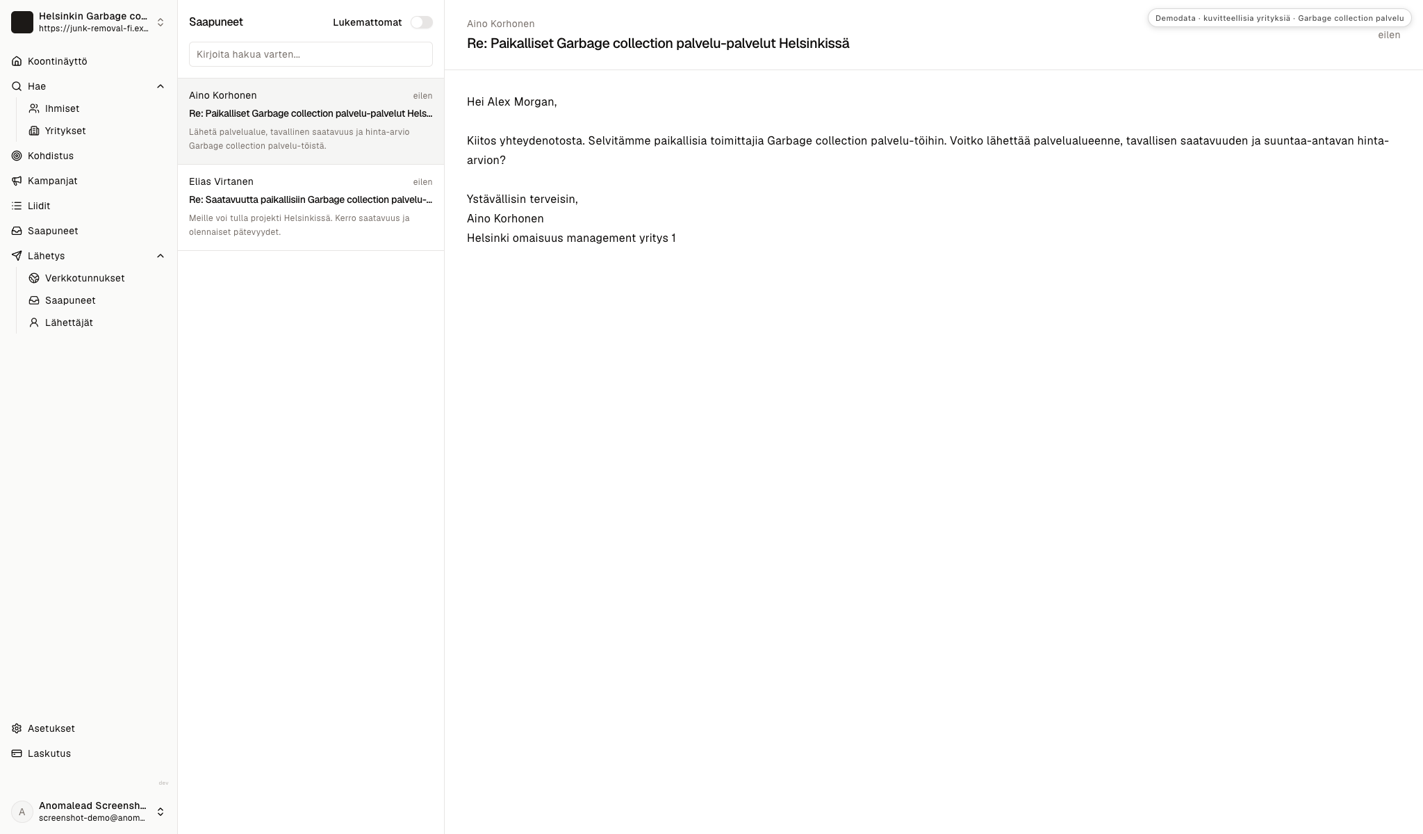 Esittelyaineiston postilaatikko, jossa näkyy Aino Korhosen ja Elias Virtasen tiedustelut.
