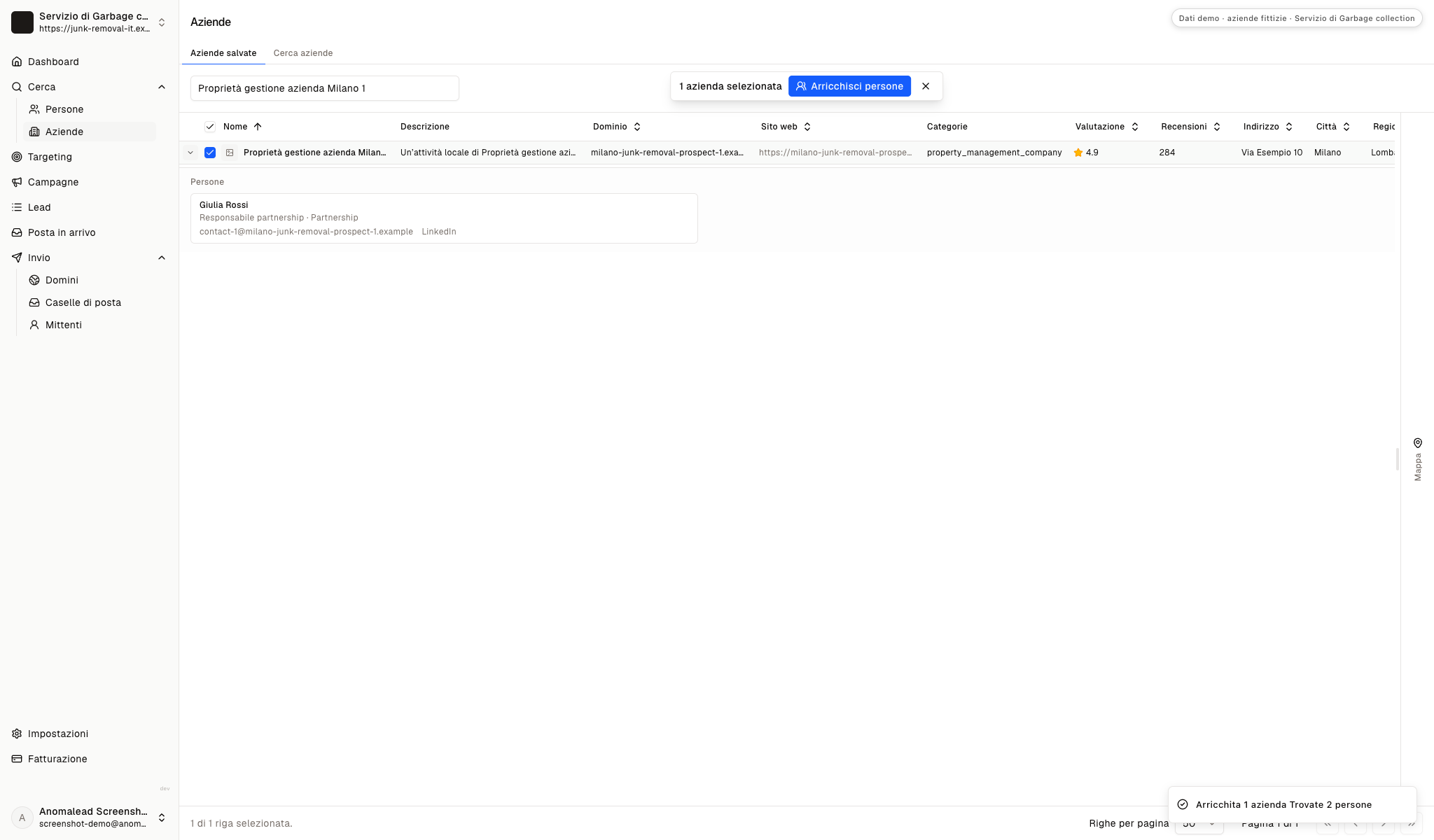 Righe dei contatti fittizi Giulia Rossi e Luca Bianchi, indicati come responsabili partnership, con campi email di lavoro e LinkedIn.