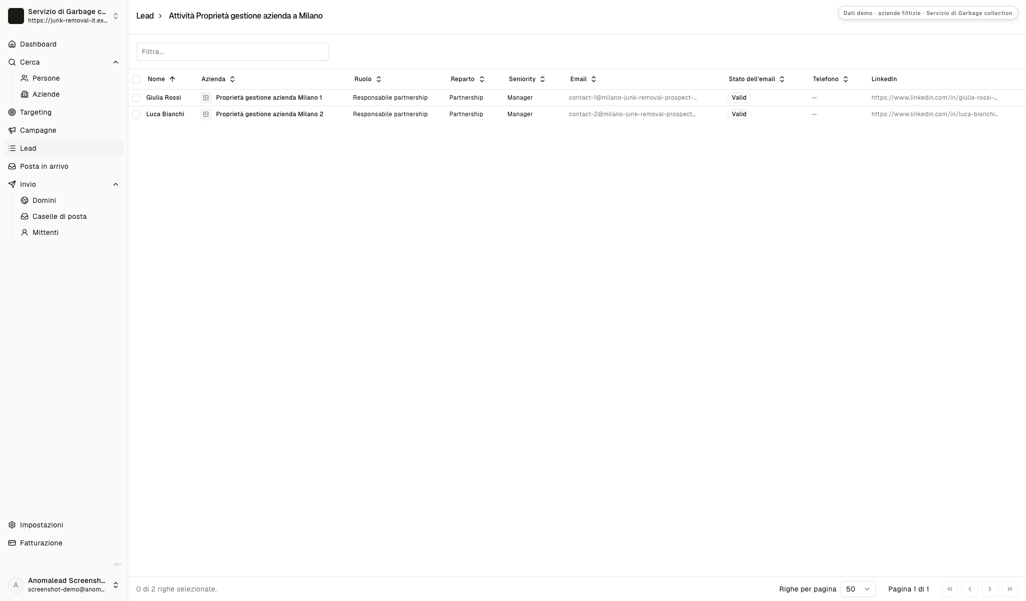 Lista contatti con Giulia Rossi e Luca Bianchi presso due società immobiliari fittizie e indicazione dello stato delle email.