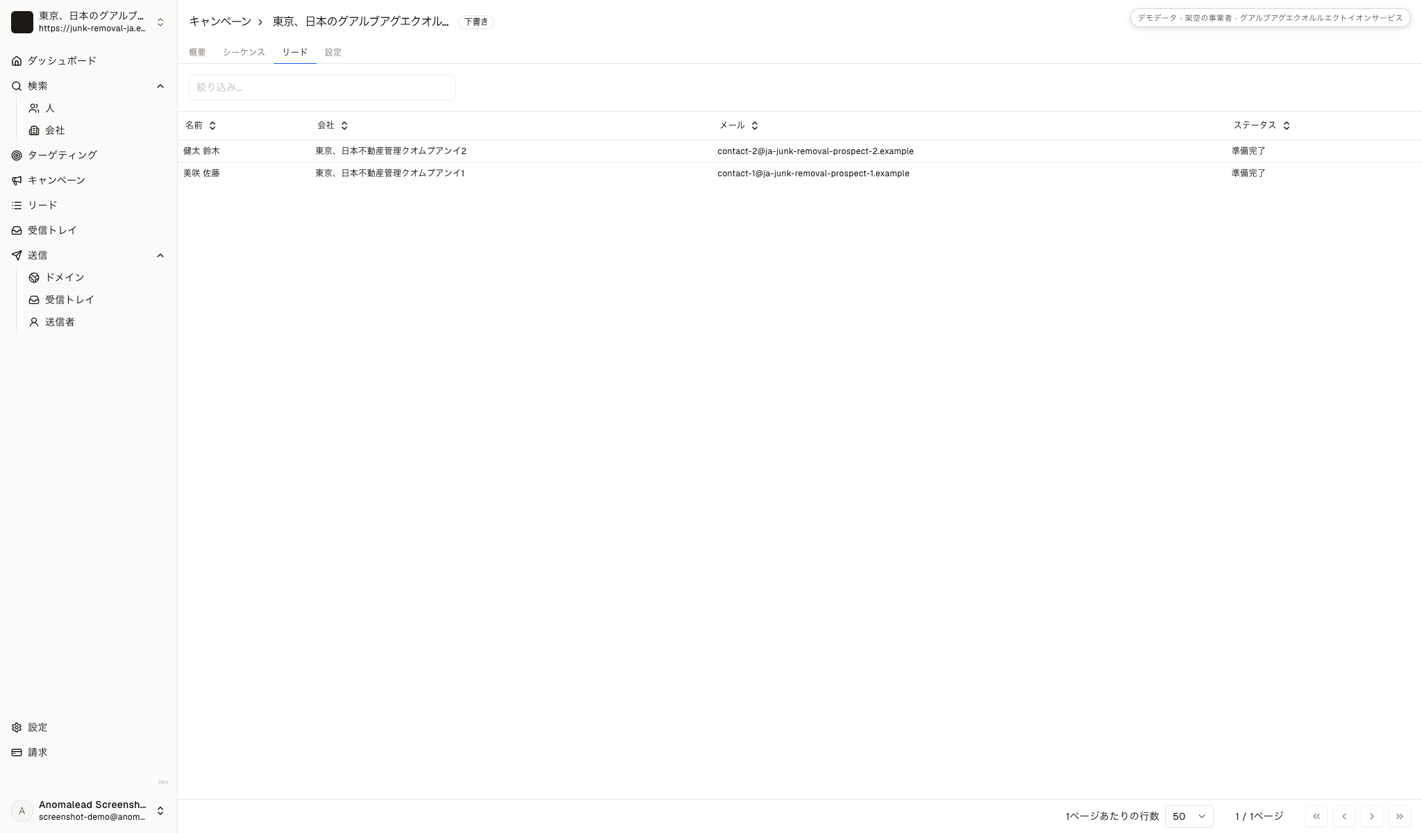 不用品回収の営業キャンペーン下書きに、不動産管理会社の架空の宛先が二件表示されています。