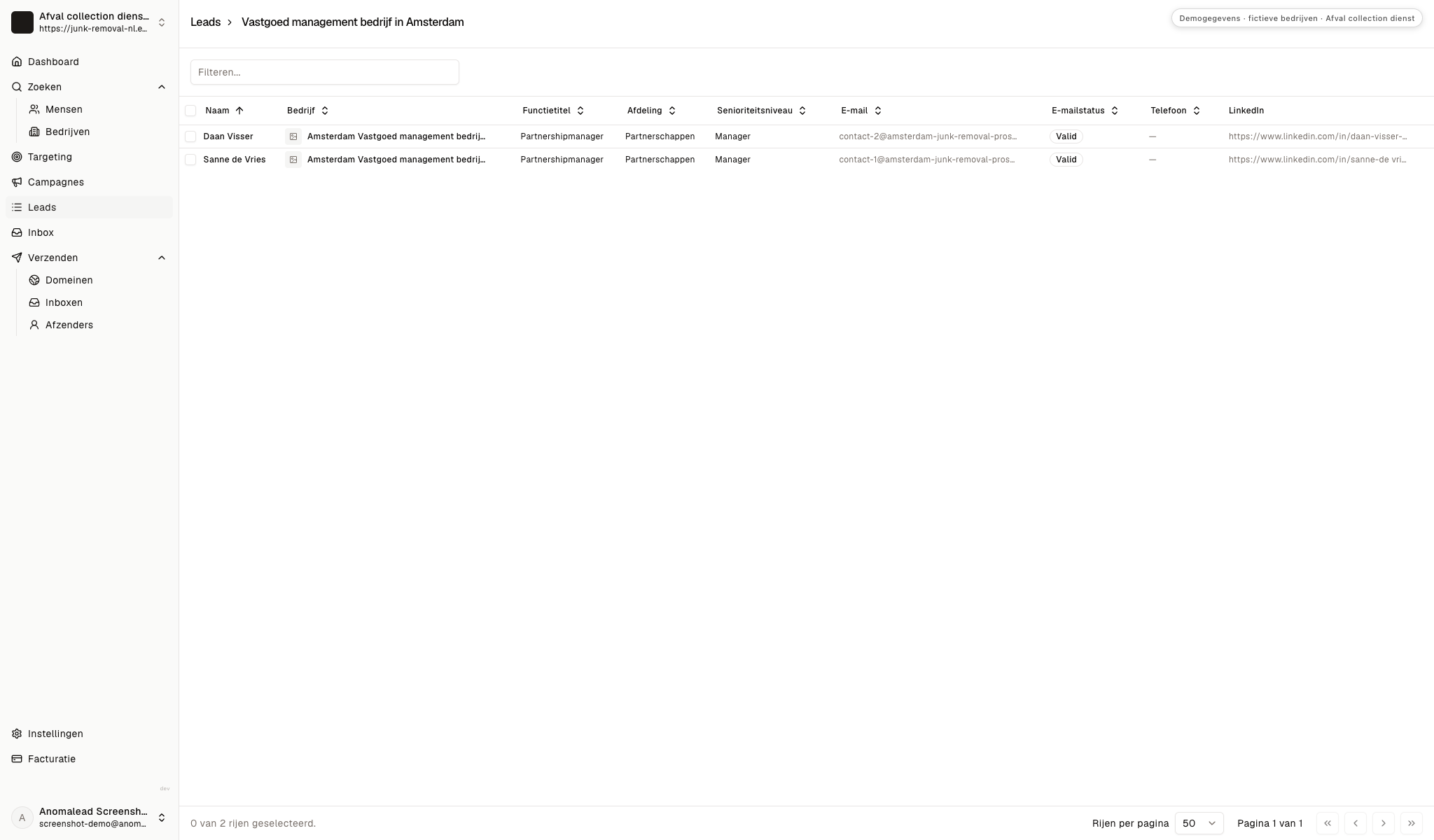 Contactlijst met Sanne de Vries en Daan Visser bij twee fictieve Amsterdamse vastgoedbeheerders en hun zakelijke e-mailstatus.