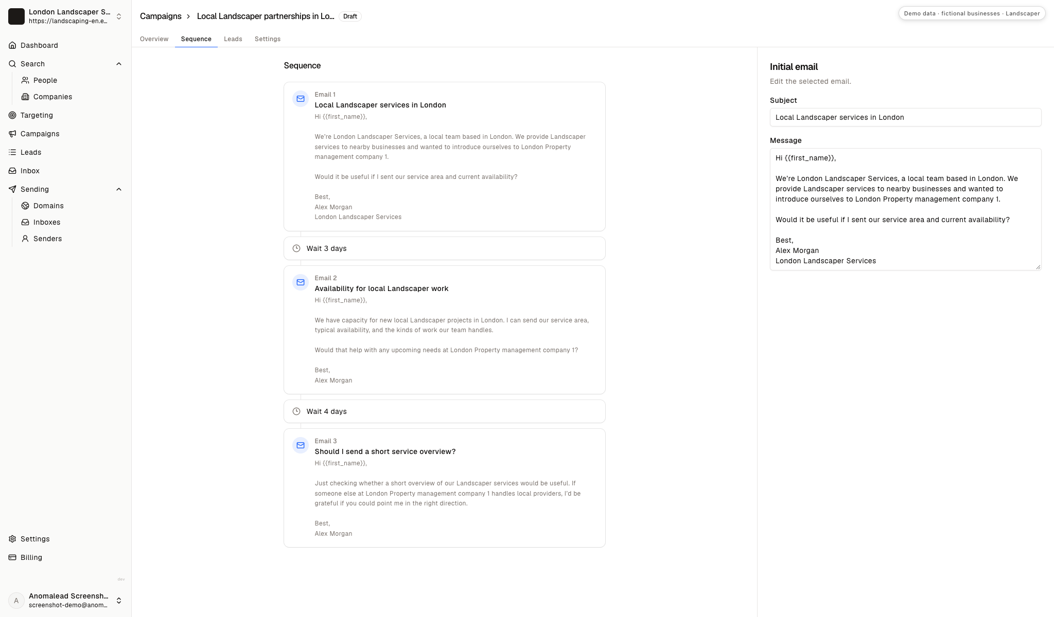 Campaign editor displaying a three-email landscaping sequence, two wait steps and the opening message for review.