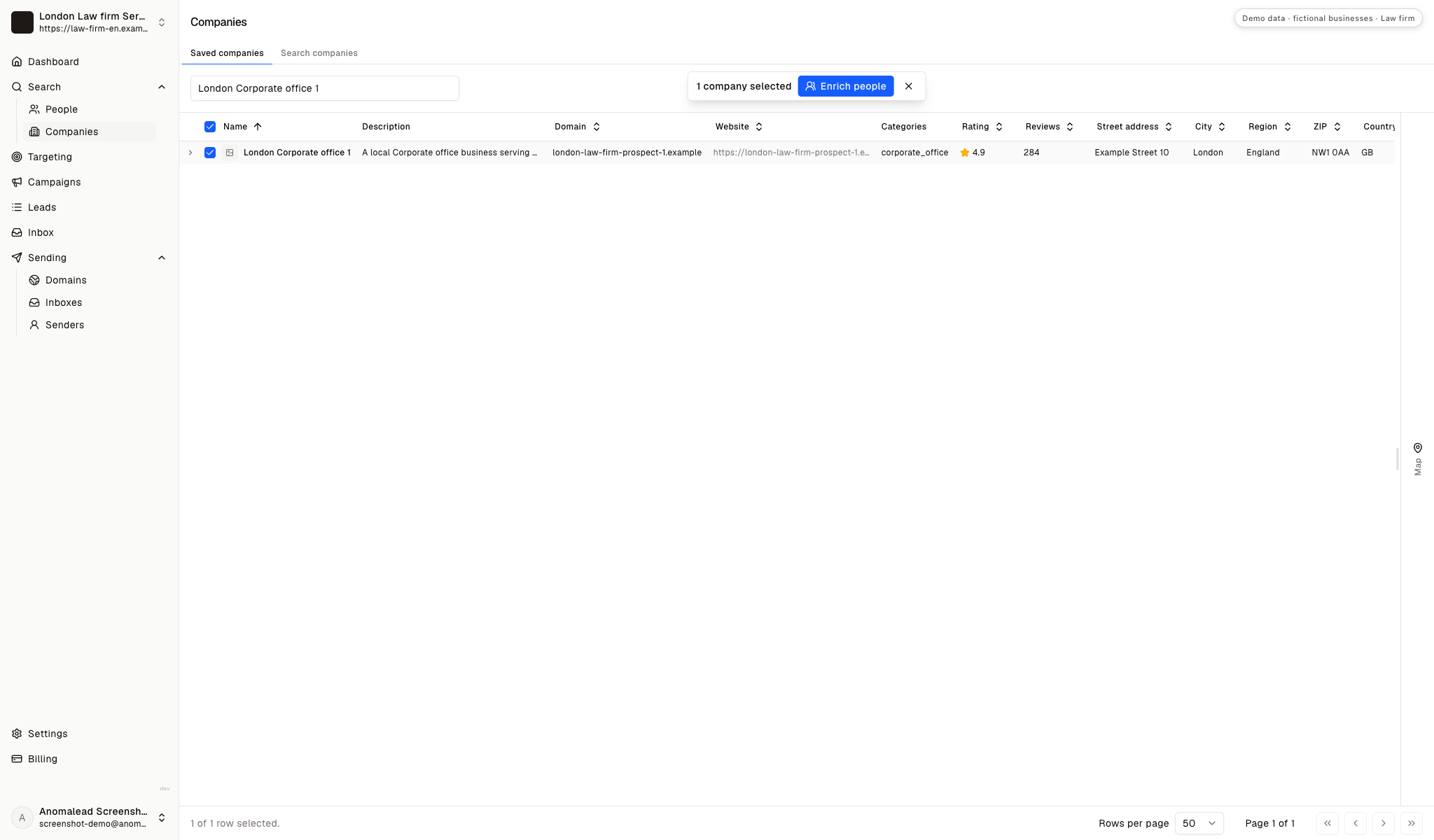 Saved companies tab filtered to the fictional London Corporate office 1, with the row selected and an Enrich people button in the action bar.