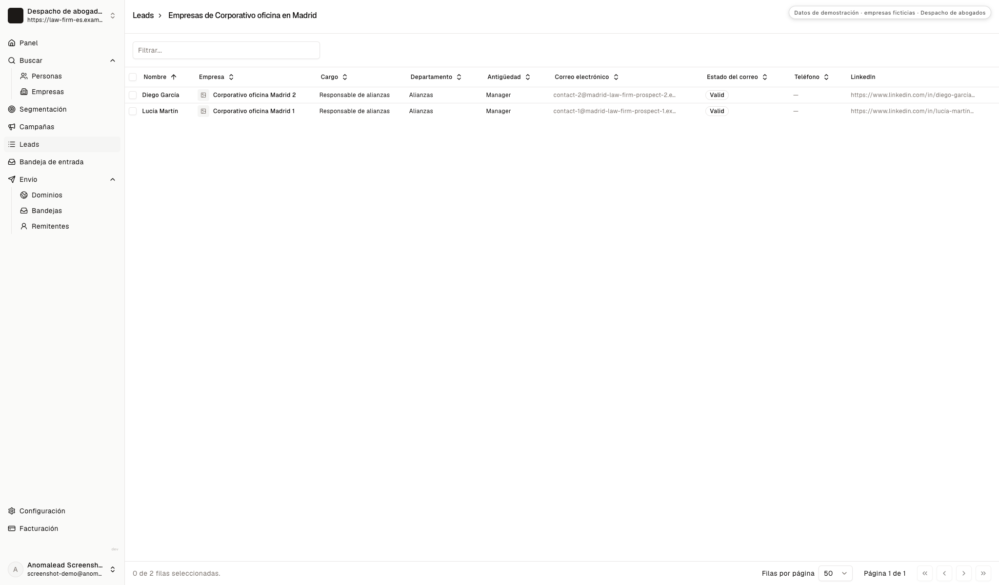 Lista de contactos con Lucía Martín y Diego García, responsables de alianzas en empresas distintas y con correo validado.