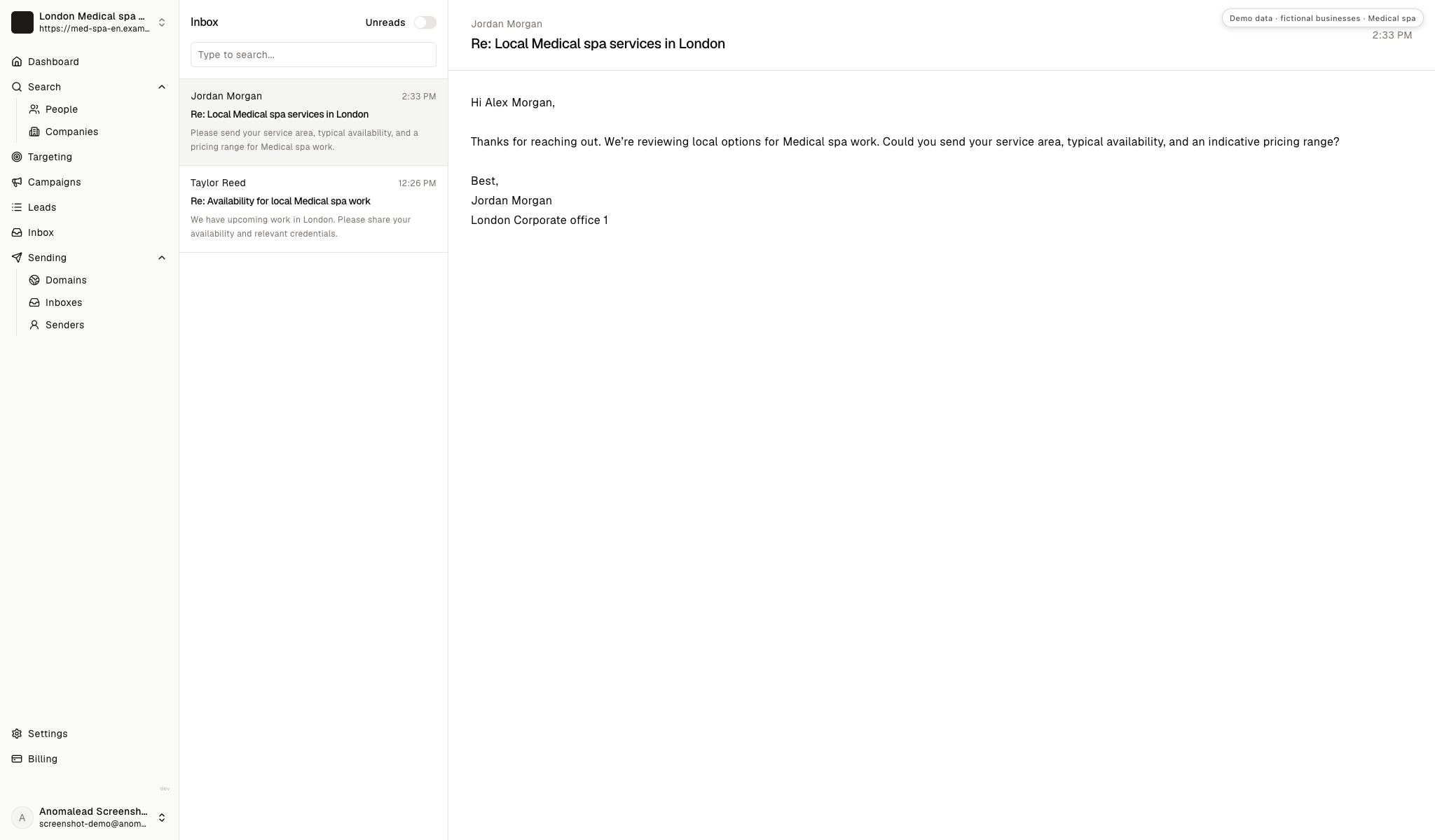 Two fictional employer replies appear in the inbox, asking about med spa availability, scope and credentials.