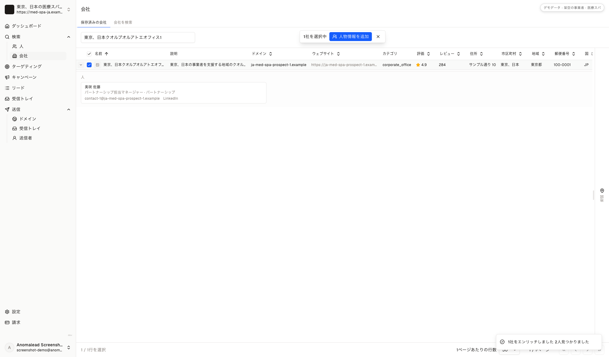 企業プロフィールから追加された二人の架空の連絡先と、それぞれの職務情報が一覧に表示されています。