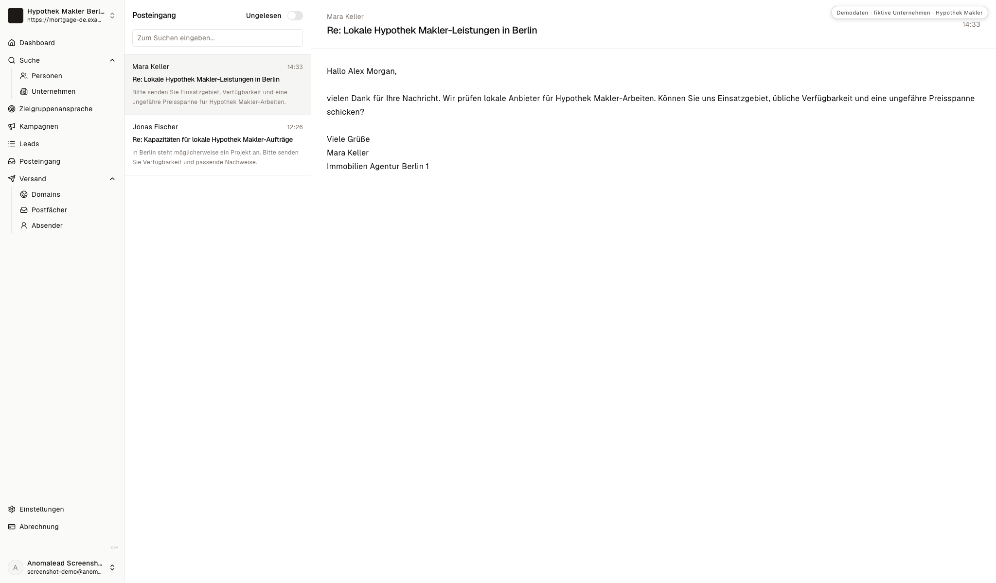 Die Demo-Inbox zeigt zwei fiktive Rückmeldungen von Immobilienbüros zu Einsatzgebiet, Verfügbarkeit, Leistungsumfang und Nachweisen.