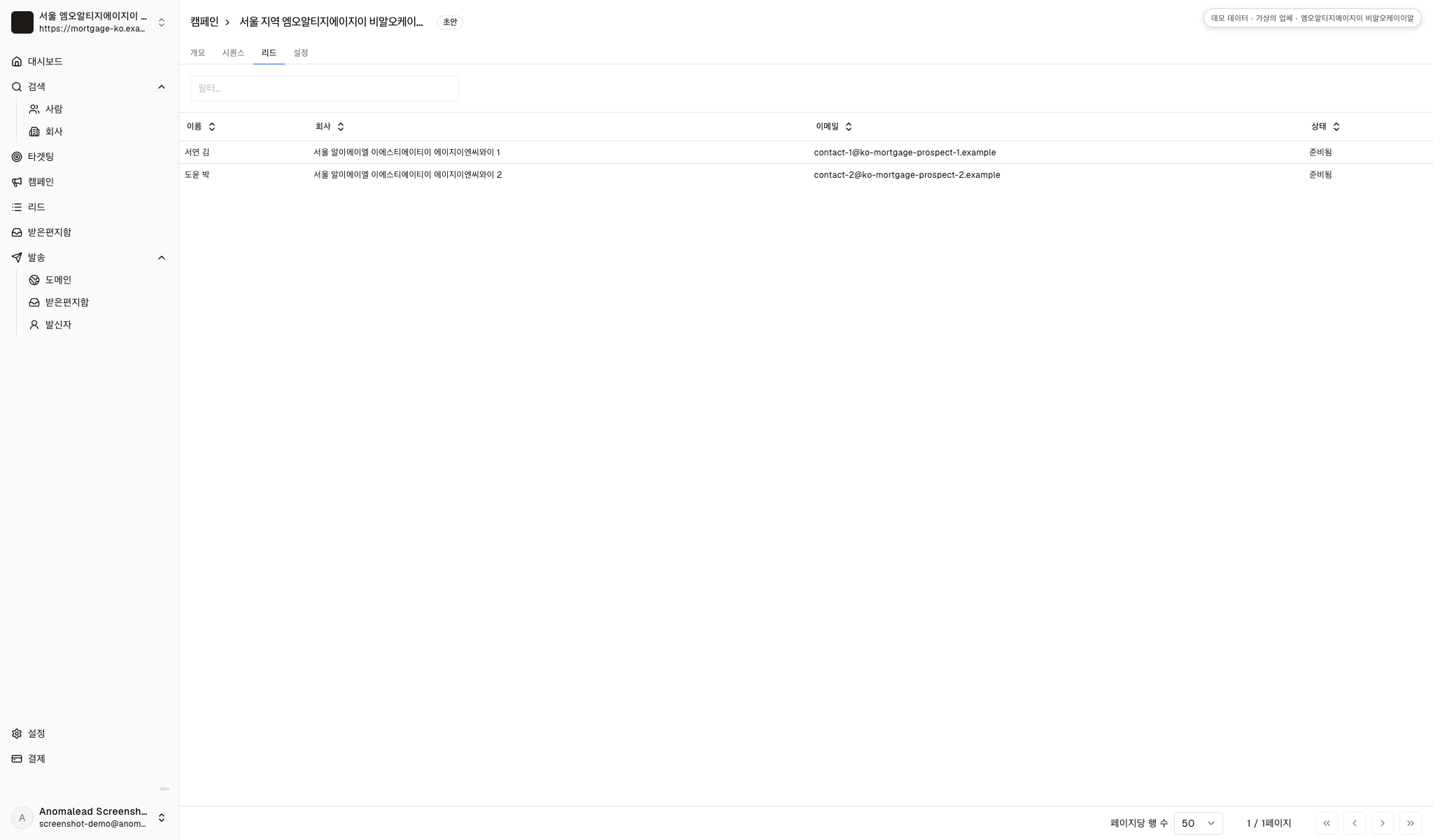 주택담보대출 상담사 캠페인 초안에 가상의 부동산 중개업소 수신자 두 명이 포함된 화면입니다.