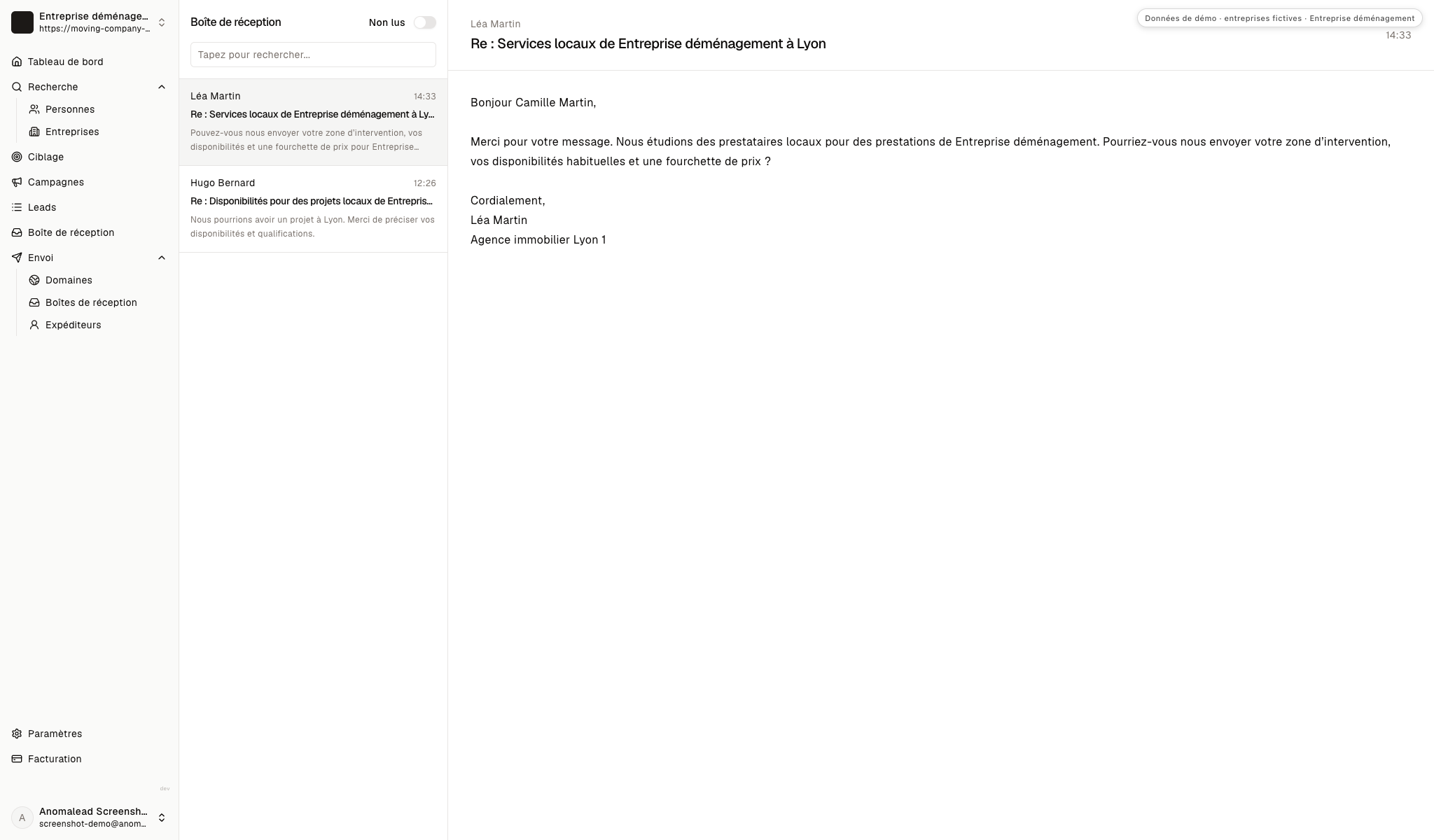 Boîte de démonstration affichant les réponses fictives de Léa Martin et Hugo Bernard sur la zone, les créneaux, le prix, les prestations et les justificatifs.