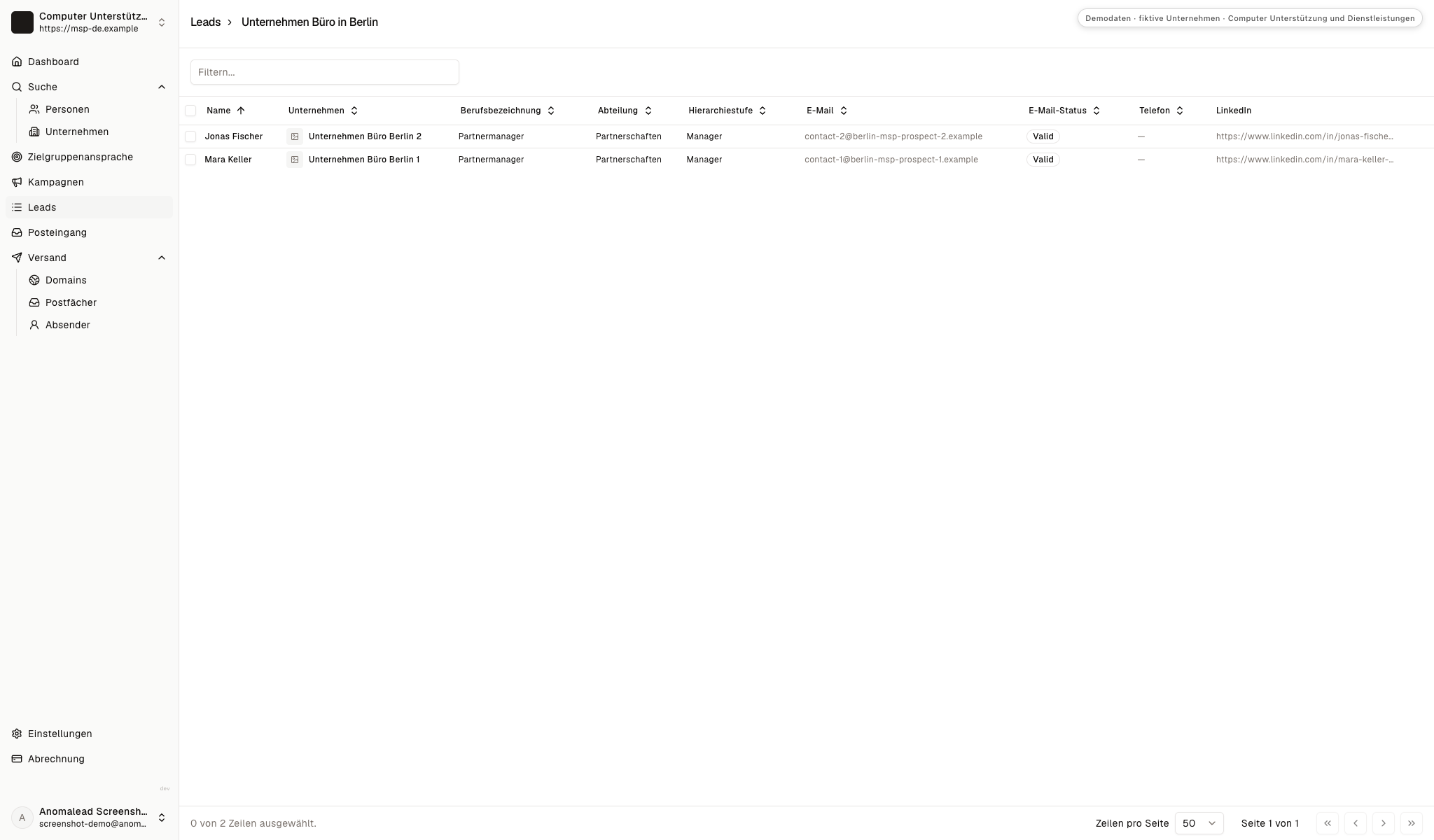 Eine Leadliste gruppiert zwei fiktive Geschäftskontakte mit Bürobezeichnung und E-Mail-Status zur Kampagnenprüfung.