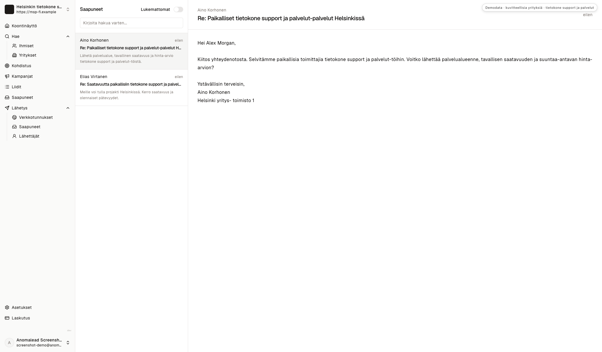 Kuvitteellinen postilaatikko näyttää kaksi kyselyä IT-tuen kattavuudesta, saatavuudesta, hinnoittelusta ja pätevyyksistä.