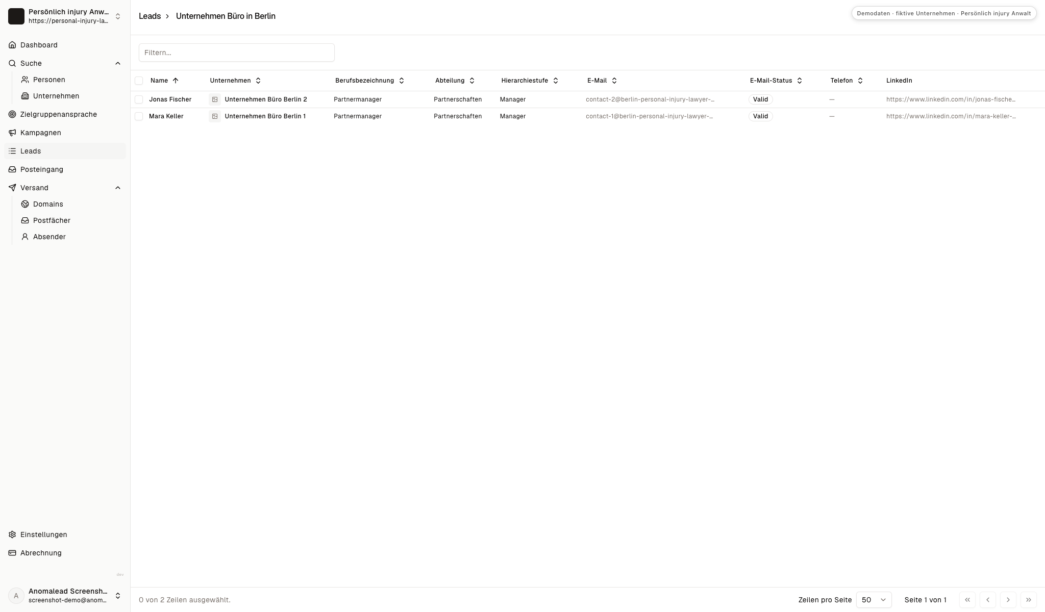 Kontaktliste mit Mara Keller und Jonas Fischer als Partnermanager verschiedener Firmen, jeweils mit gültigem E-Mail-Status.