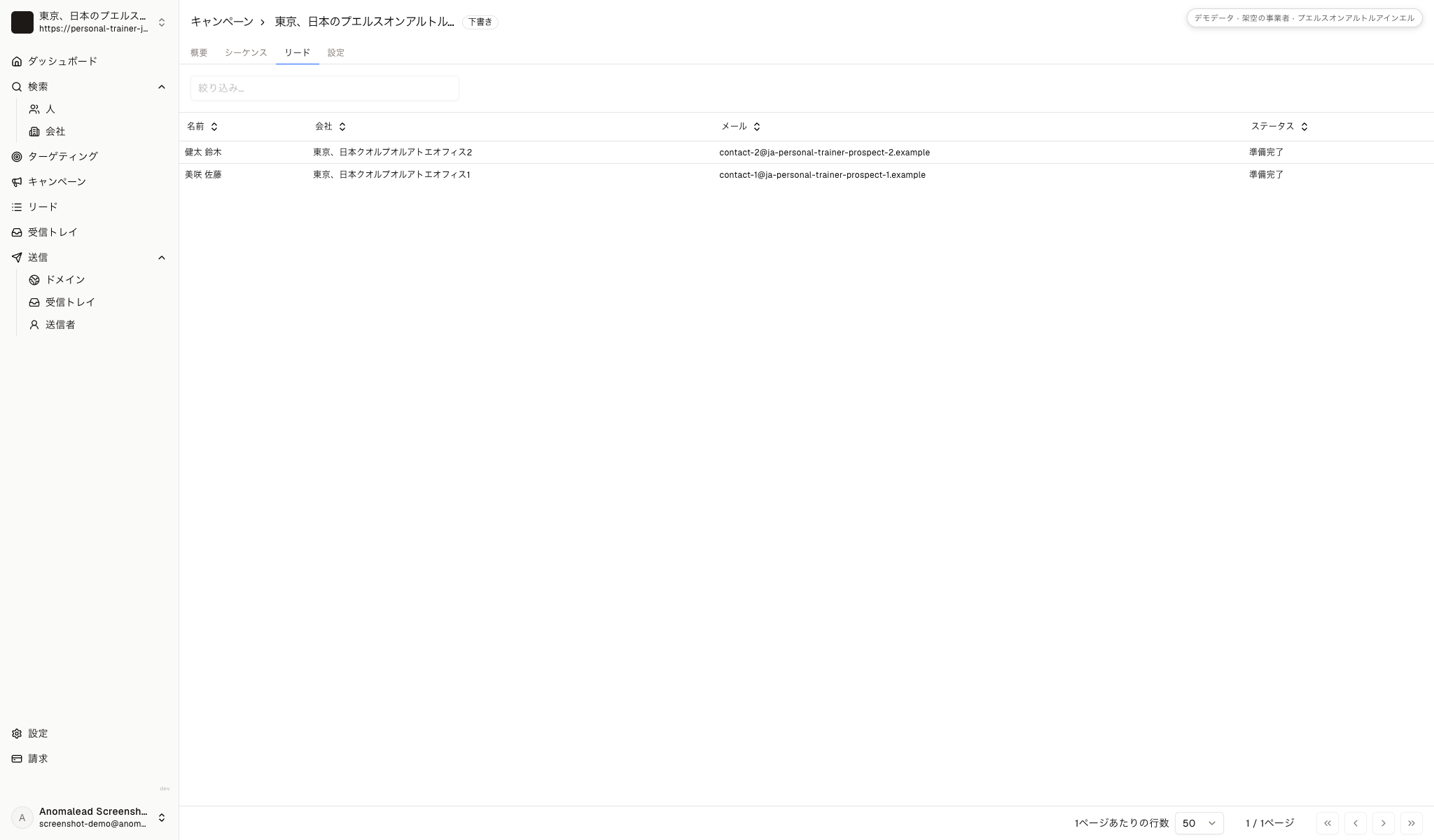 下書きの営業キャンペーン。宛先として佐藤 美咲と鈴木 健太が、それぞれの会社名とともに表示されている。