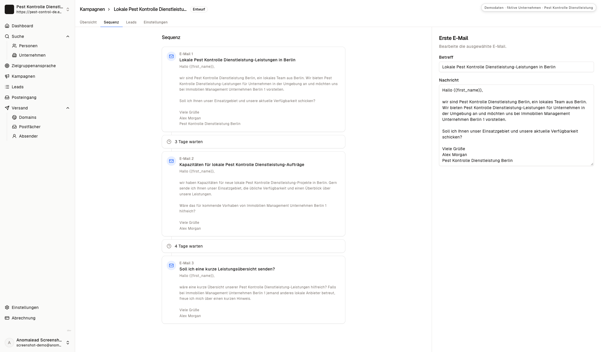 Der Kampagneneditor zeigt eine Folge aus drei Schädlingsbekämpfungs-E-Mails mit zwei Wartezeiten und der ersten Nachricht im Entwurf.
