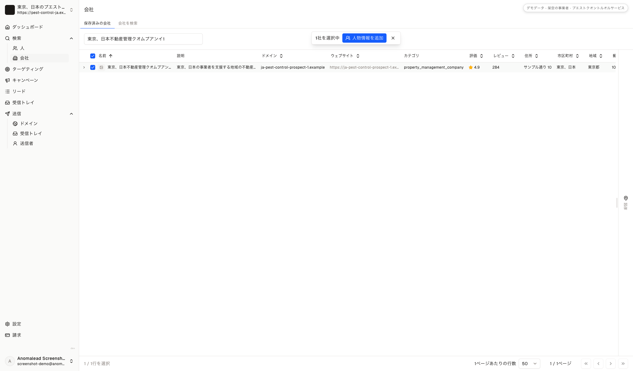保存済み一覧に東京、日本不動産管理クオムプアンイ1の情報が表示され、連絡先を追加する操作を選べる状態です。