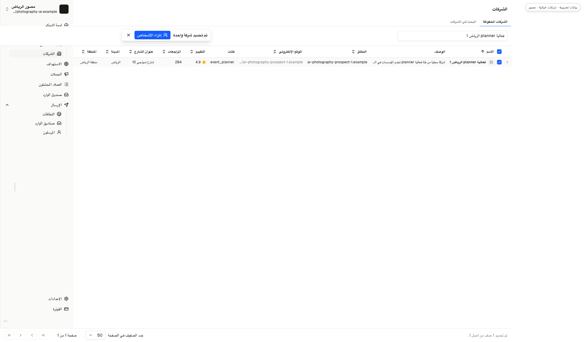 عرض الشركات المحفوظة وفيه فعالية planner الرياض 1 محددة، وإجراء إثراء الأشخاص ظاهر في أعلى الجدول.