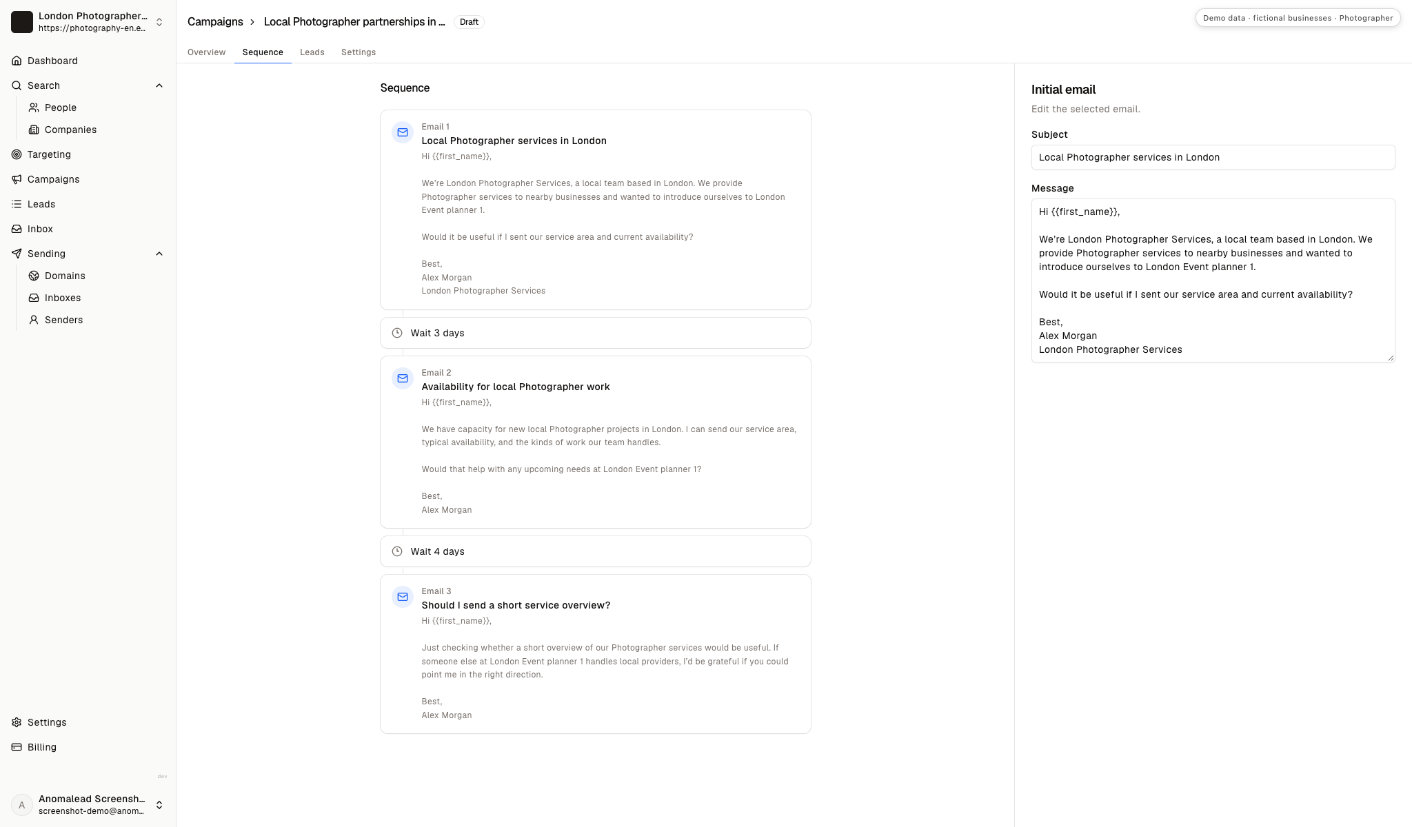 Sequence editor showing three photography outreach emails separated by a three-day wait and a four-day wait, with the first email open.