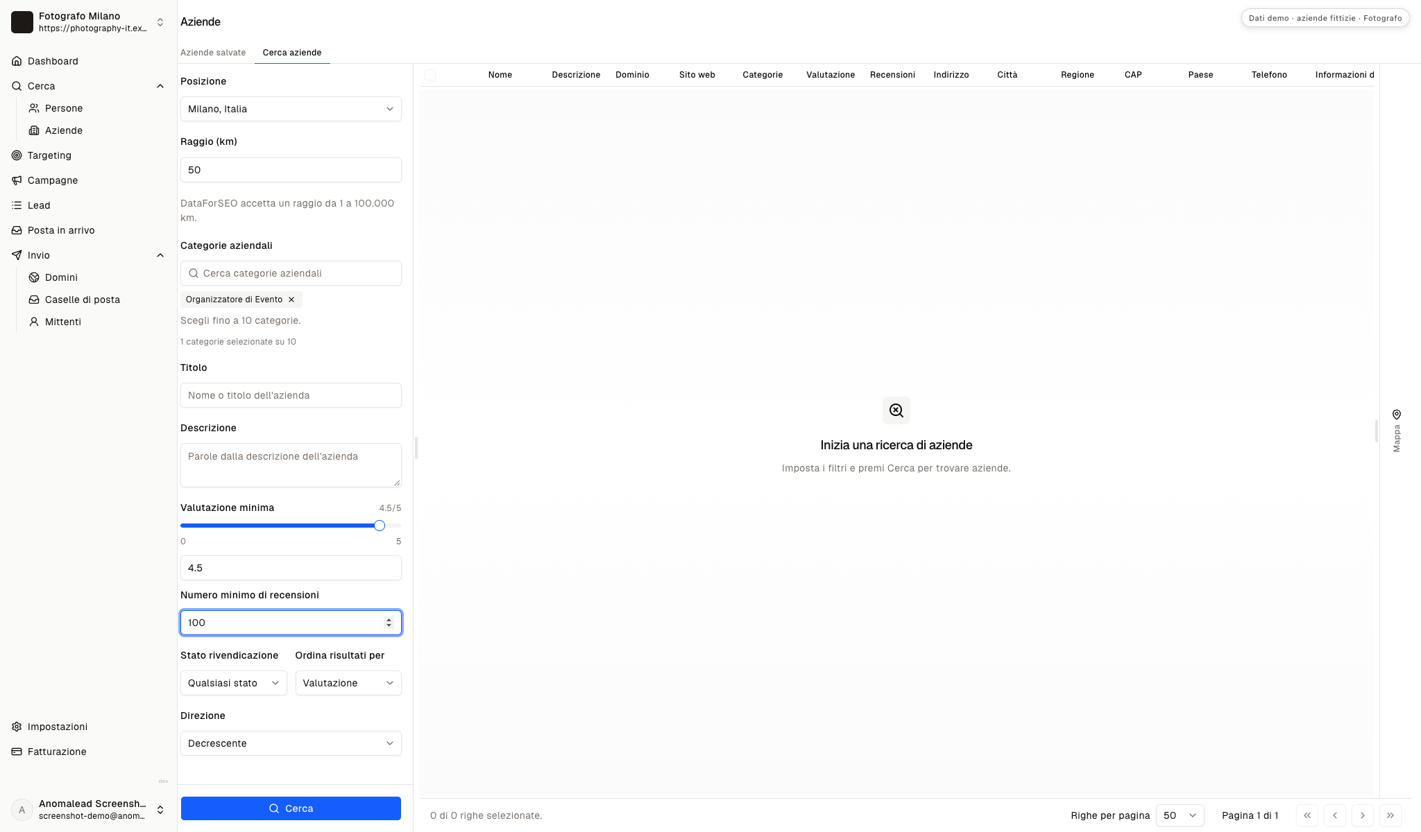 Modulo di ricerca aziende di Anomalead con località, raggio, categoria impostata su organizzatore di eventi e filtro di valutazione minima, pronto a caricare i risultati locali.