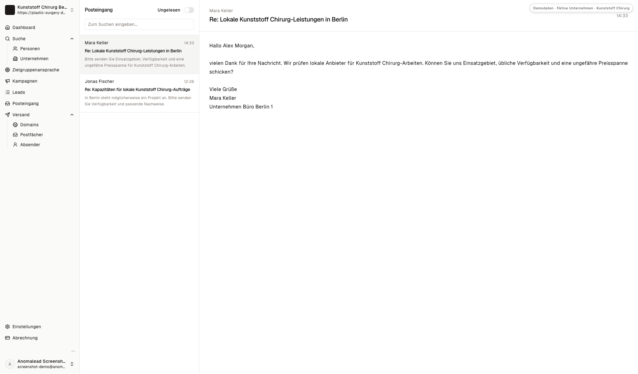 Inbox mit zwei fiktiven Antworten: Mara fragt nach Preisen, Jonas nach Qualifikationen und Verfügbarkeit.