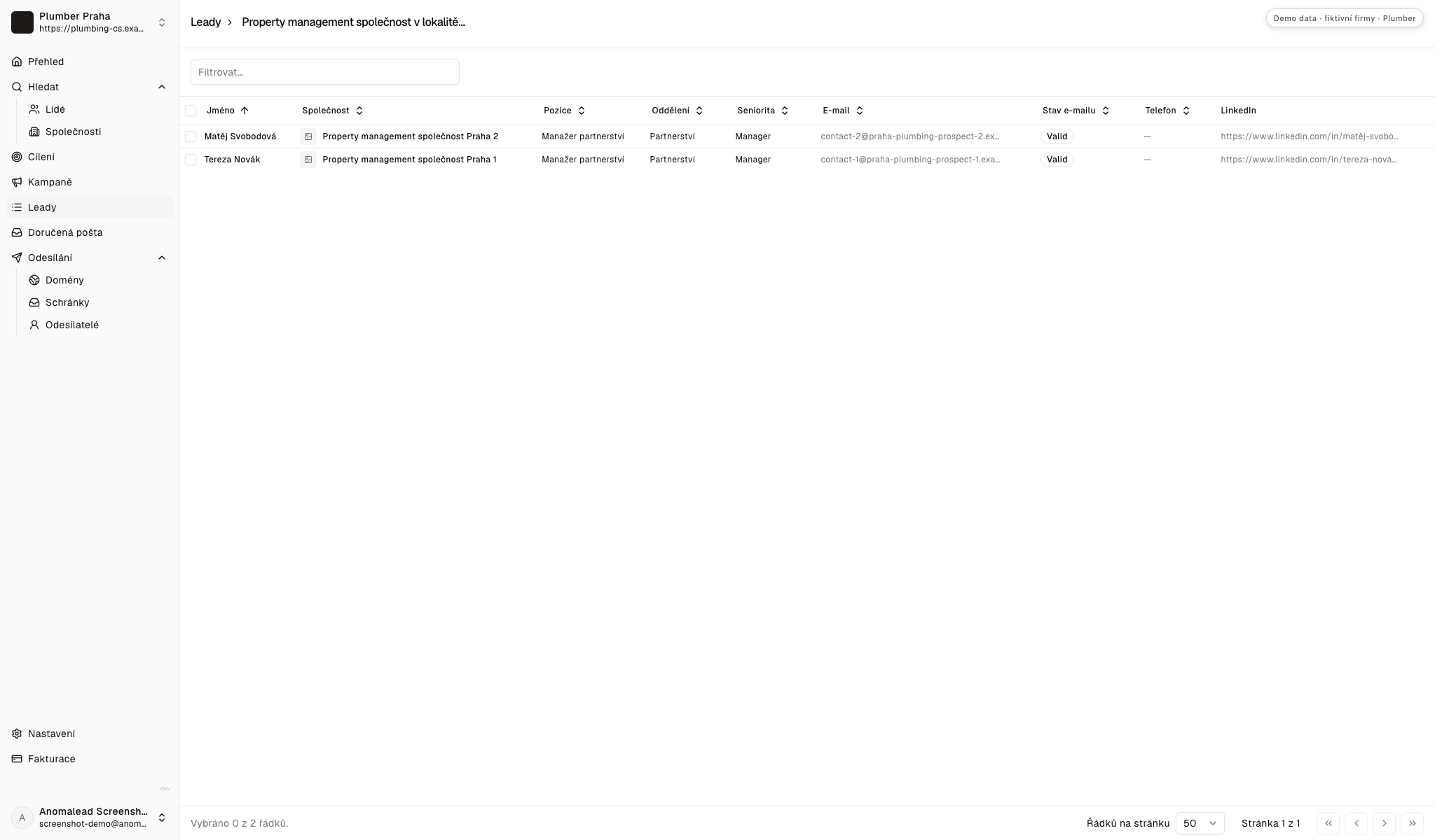 Seznam Terezy Novák a Matěje Svobodové u dvou správců, oba mají roli Partnerships Manager a platný e-mail.