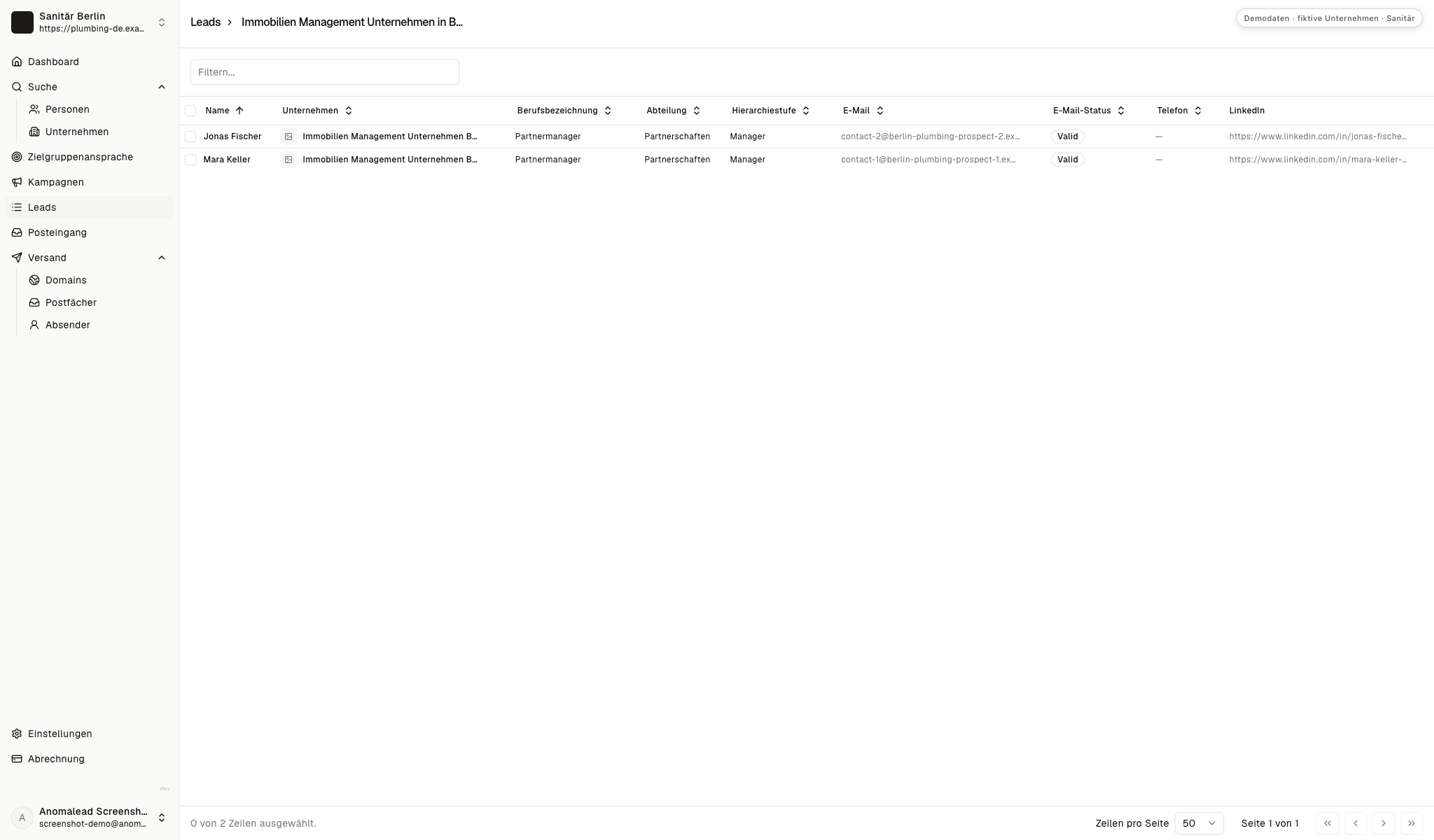 Kontaktliste mit Mara Keller und Jonas Fischer aus zwei Immobilienverwaltungen, beide als Partnerships Manager und mit gültigem E-Mail-Status.
