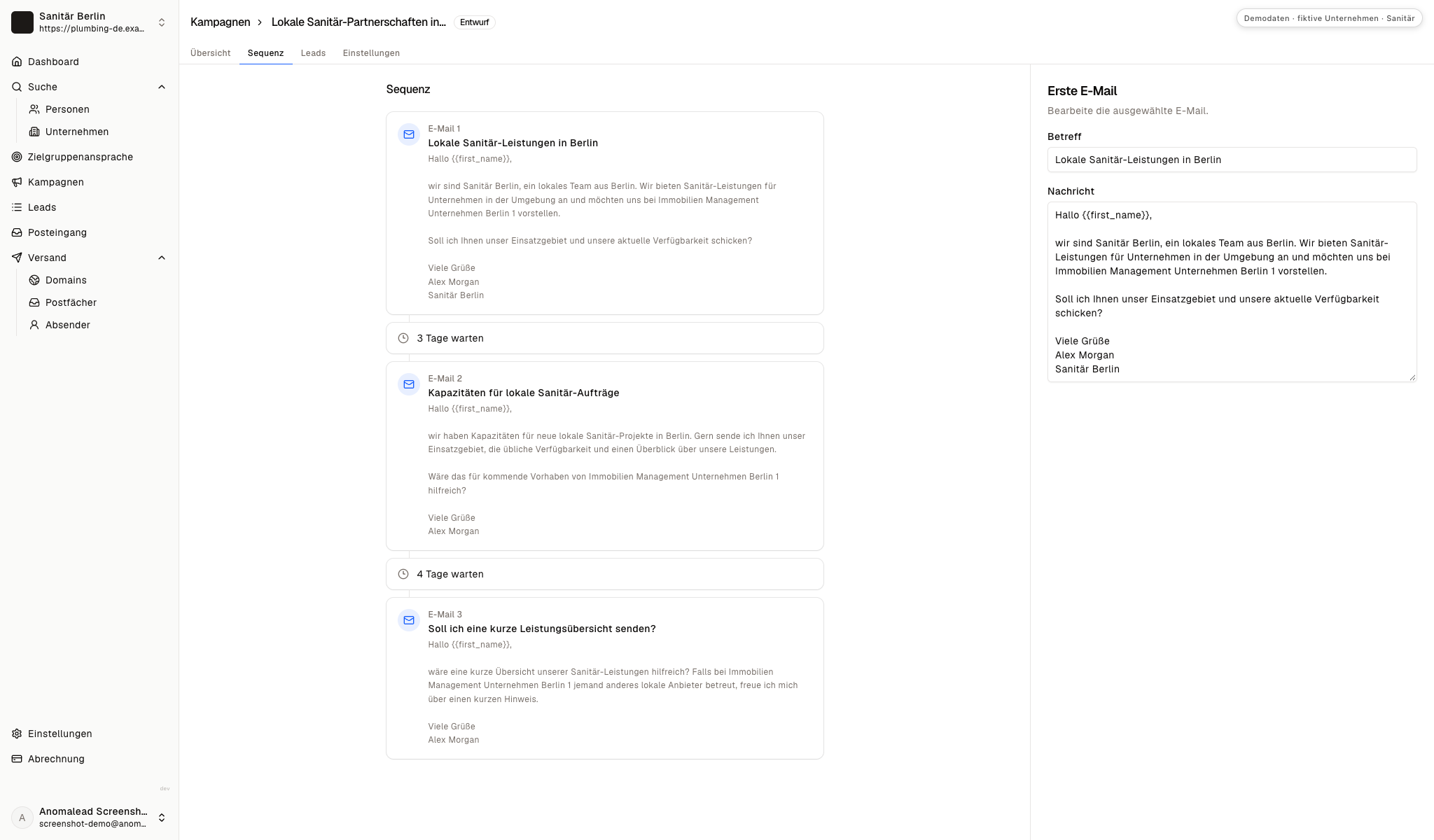 Sequenzeditor mit drei Beispiel-E-Mails und Wartezeiten sowie geöffneter erster Nachricht zu lokalen Sanitärleistungen.