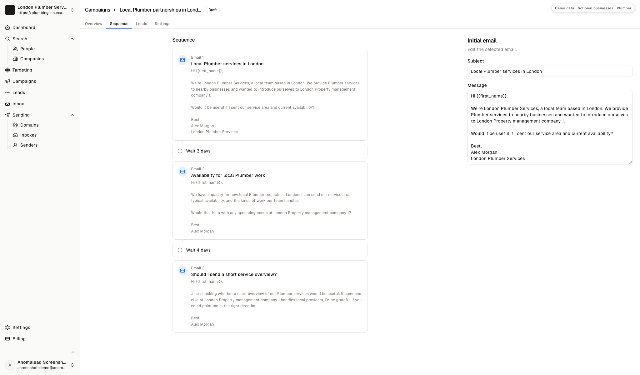 Campaign sequence editor showing three emails separated by three-day and four-day waits, with the first email about local plumbing services open for editing.