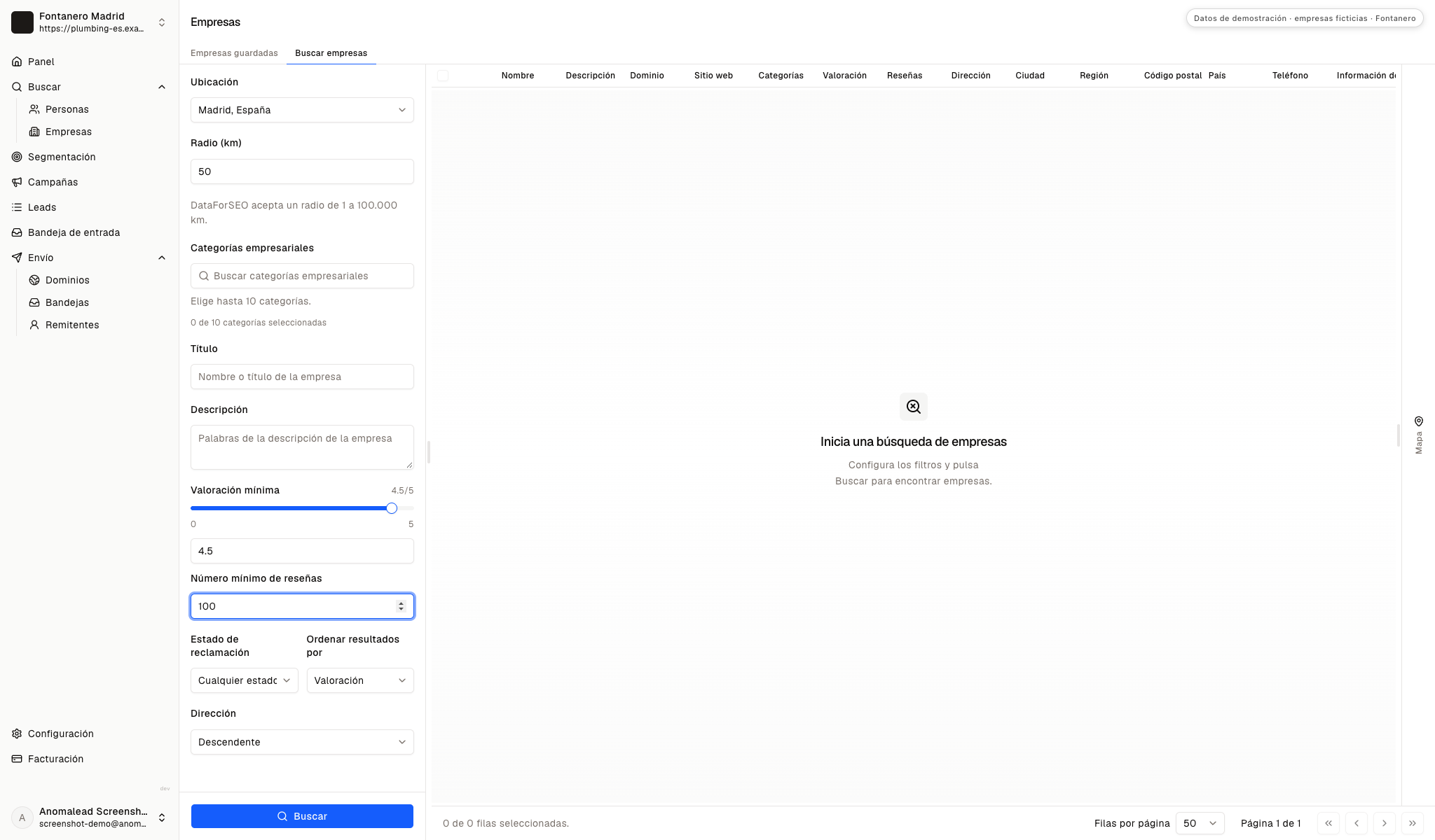 Formulario de búsqueda de Anomalead con Property management company, ubicación, radio y filtros mínimos de valoración y reseñas.