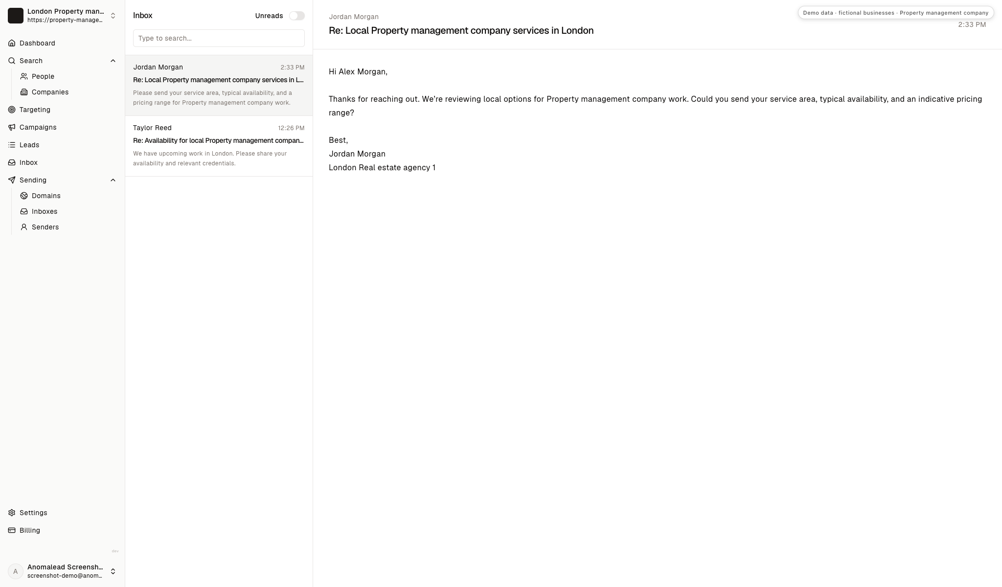 The demo inbox displays replies from Jordan Morgan and Taylor Reed asking about service coverage and credentials.