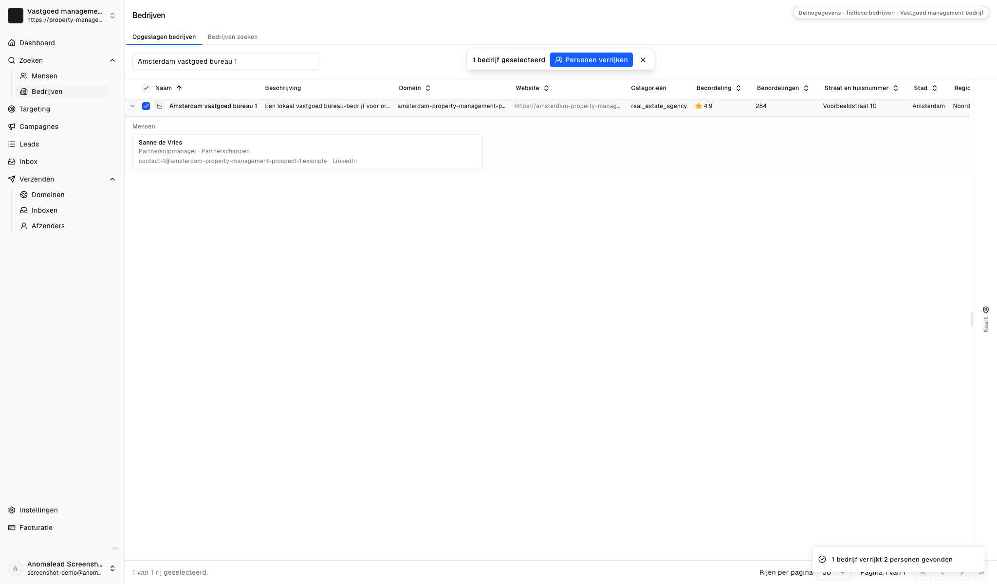 Verrijkte rij voor Amsterdam vastgoed bureau 1 met Sanne de Vries en Daan Visser als fictieve zakelijke contactpersonen.